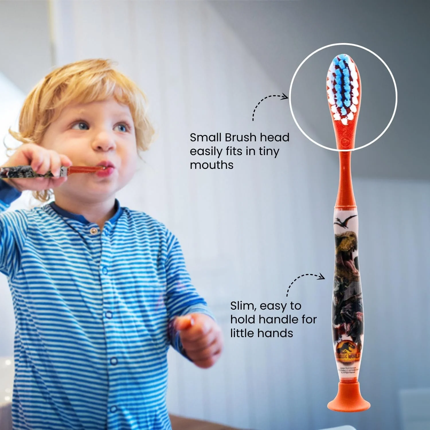 ست مسافرتی مراقبت از دهان و دندان کودکان Mr White با طرح دنیای ژوراسیک، شامل خمیر دندان با طعم توت فرنگی و مسواک با درپوش محافظ، مکنده، دسته راحت و برس نرم