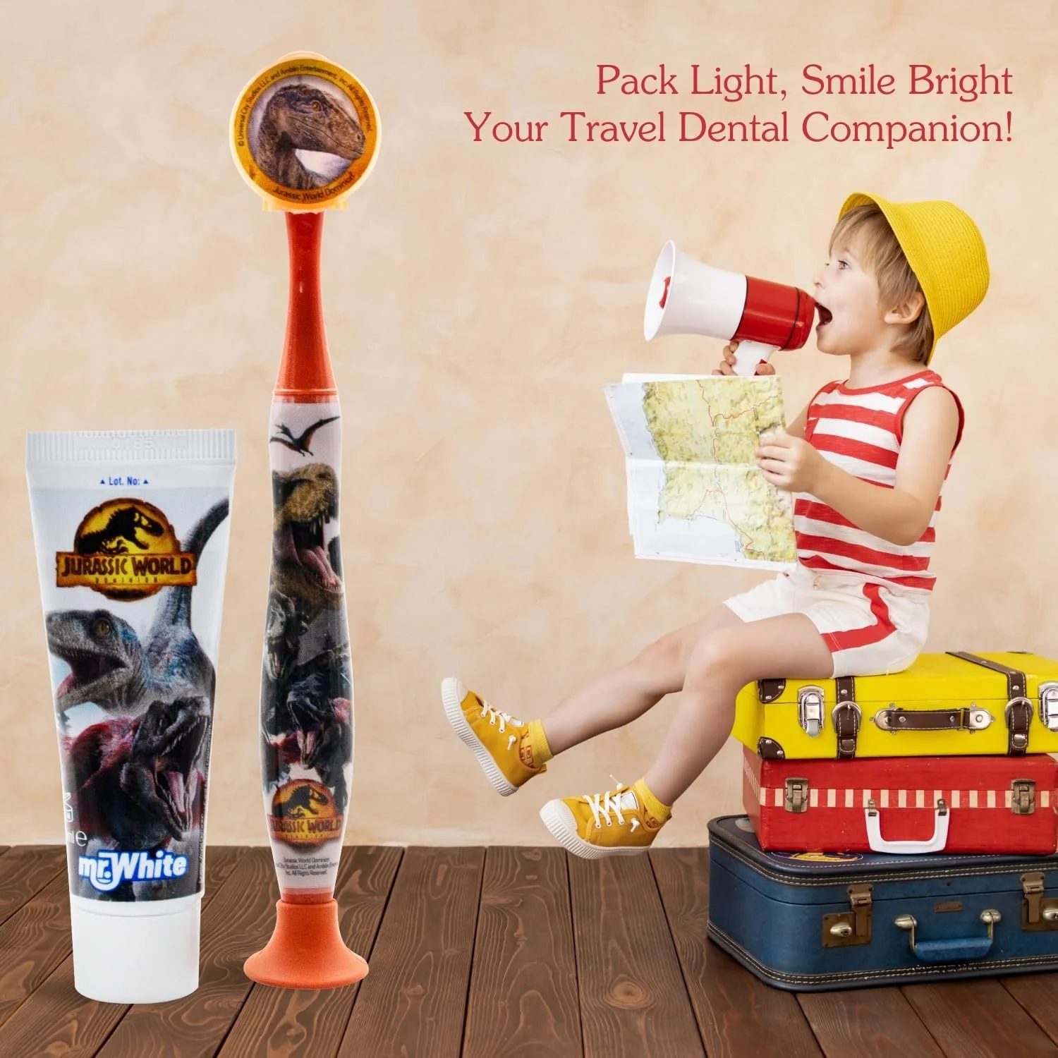 ست مسافرتی مراقبت از دهان و دندان کودکان Mr White با طرح دنیای ژوراسیک، شامل خمیر دندان با طعم توت فرنگی و مسواک با درپوش محافظ، مکنده، دسته راحت و برس نرم