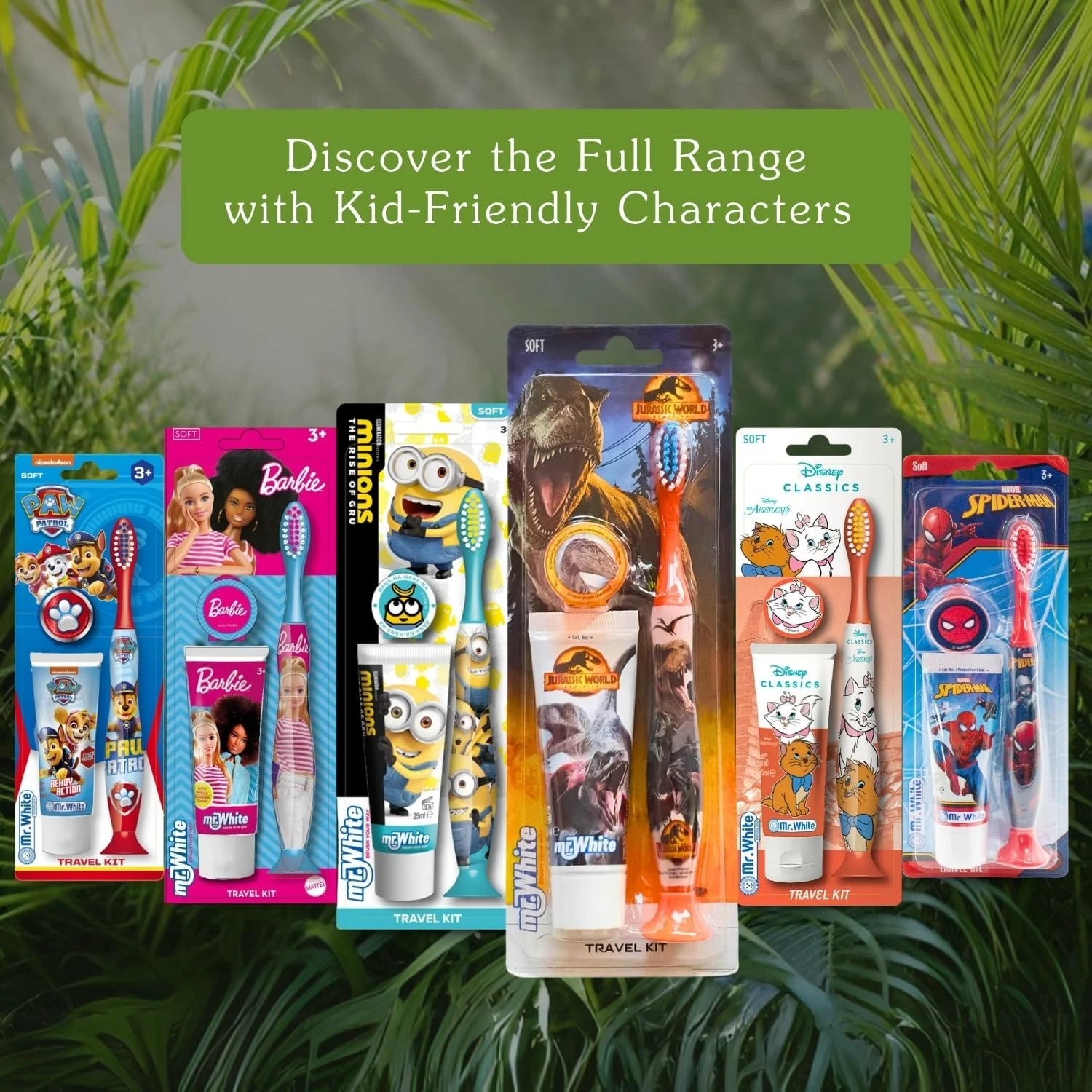 ست مسافرتی مراقبت از دهان و دندان کودکان Mr White با طرح دنیای ژوراسیک، شامل خمیر دندان با طعم توت فرنگی و مسواک با درپوش محافظ، مکنده، دسته راحت و برس نرم
