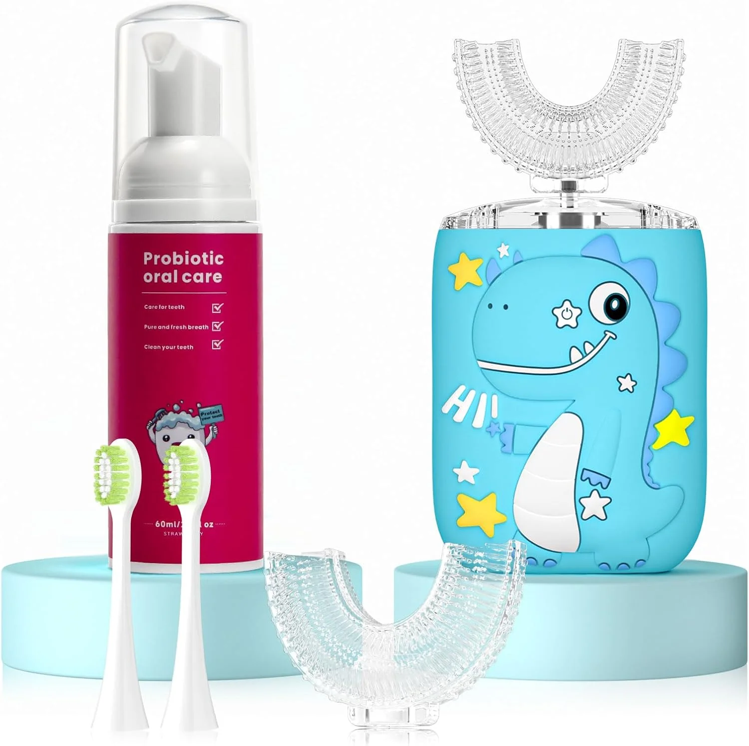 مسواک برقی U شکل کودکانه PVOGRT، مسواک کودک نوپا با 2 سر برس U شکل، 4 جایگزین نرم با خمیر دندان، مسواک اتوماتیک قابل شارژ، 6 حالت تمیز کردن - سن 2-7 سال آبی