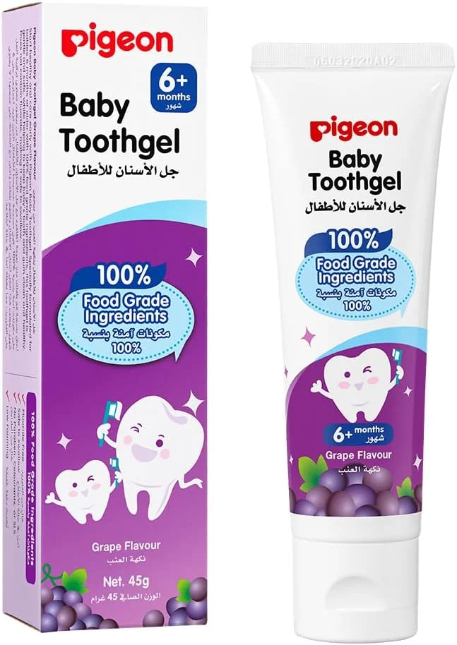 ژل دندان کودک پیژن، 100% مواد غذایی، بدون پارابن، بدون سدیم لوریل سولفات، کف کم، 6+ ماه، طعم انگور، 45 گرم