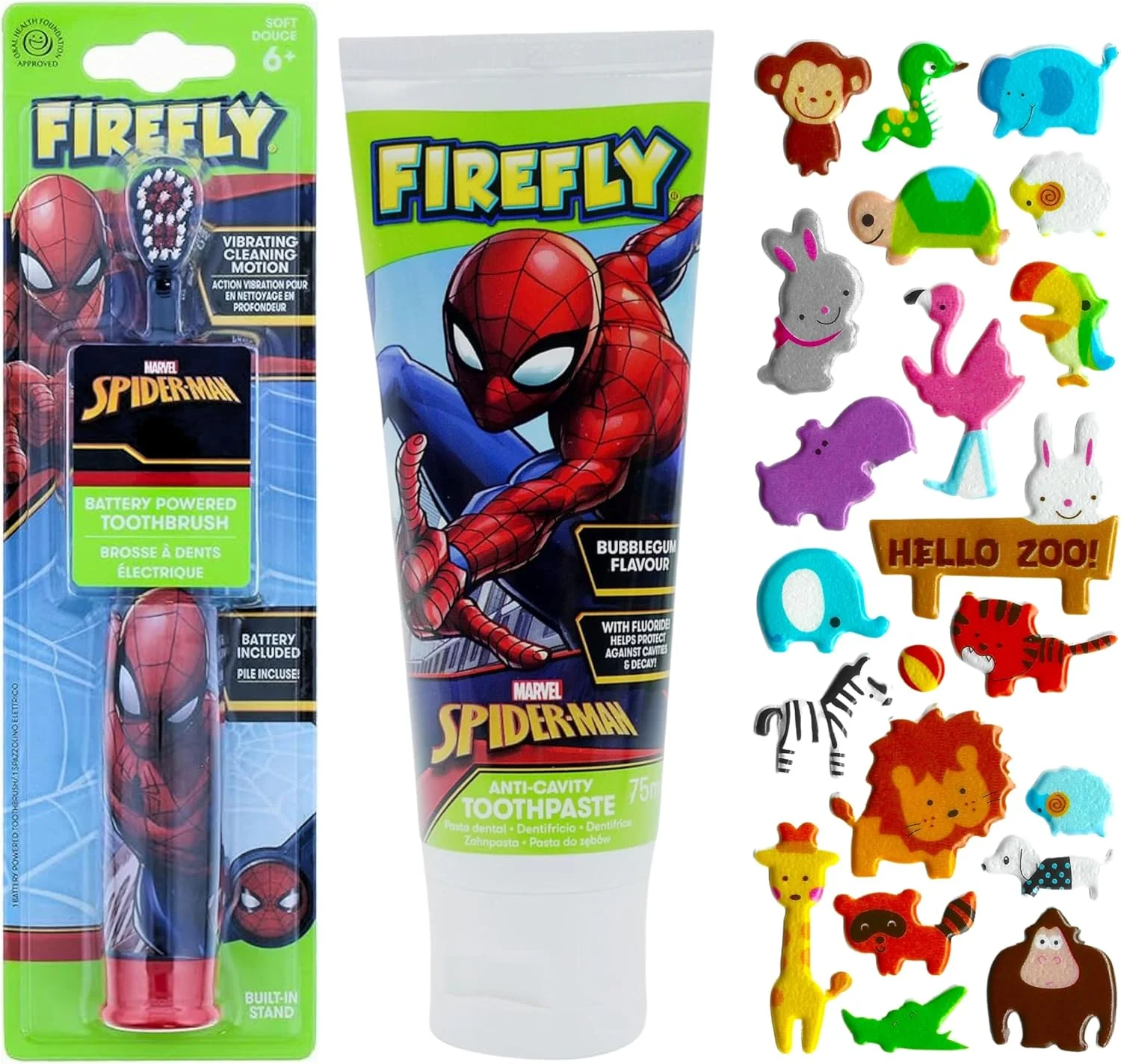 مسواک باتری خور کودکانه هادکو طرح مرد عنکبوتی به همراه خمیر دندان آدامسی مرد عنکبوتی. یک بسته همراه با برگه استیکر پفی ما (انتخاب استیکرها به صورت تصادفی). مسواک مرد عنکبوتی. خمیر دندان مرد عنکبوتی مسواک باتری خور کودکانه هادکو طرح مرد عنکبوتی به همراه خمیر دندان آدامسی مرد عنکبوتی. یک بسته همراه با برگه استیکر پفی ما (انتخاب استیکرها به صورت تصادفی). مسواک مرد عنکبوتی. خمیر دندان مرد عنکبوتی