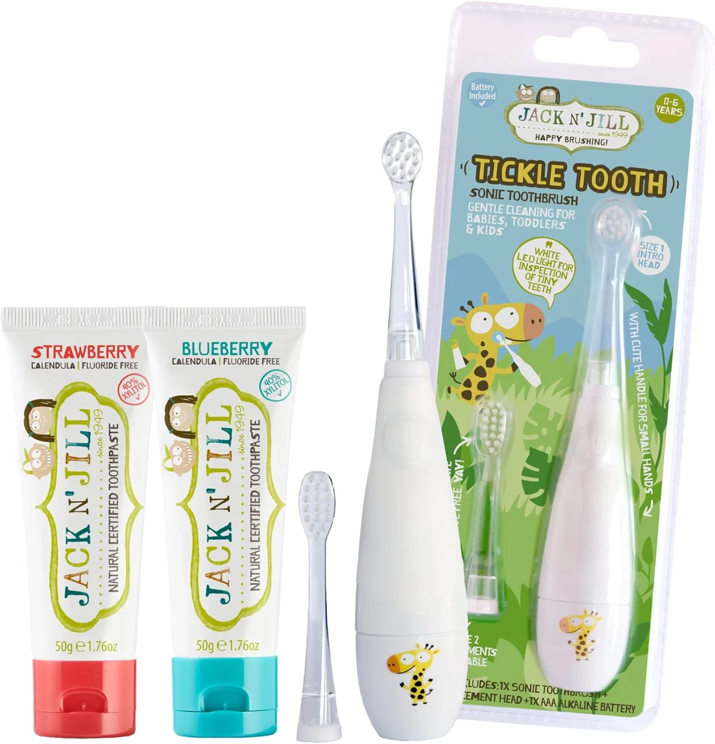 ست مسواک و خمیر دندان کودک Jack N' Jill Tickle Tooth - مسواک برقی کودک، خمیر دندان طبیعی برای کودکان، ساخته شده برای دندان های کوچک، طعم میوه ارگانیک (توت فرنگی و بلوبری)