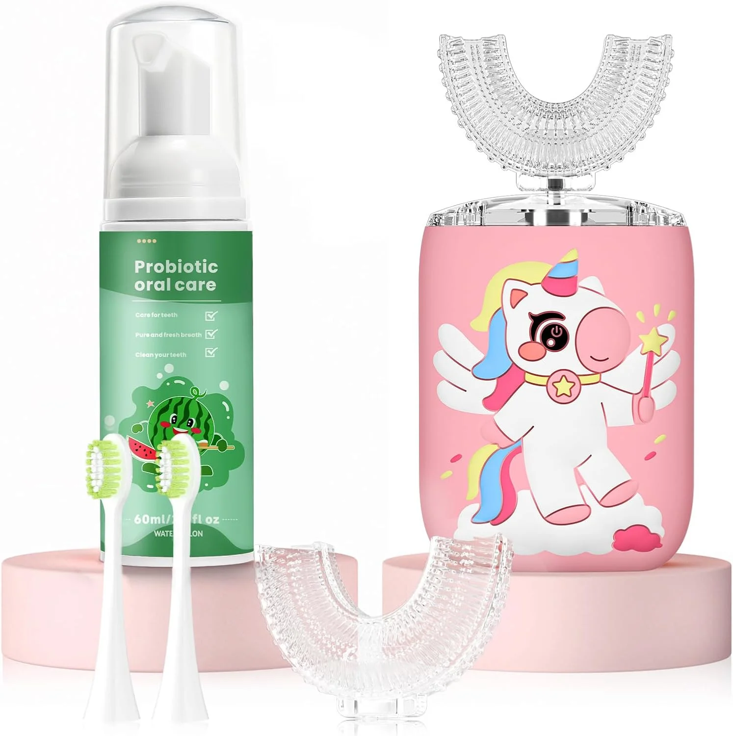 مسواک برقی U شکل کودکانه ELOTAME طرح تک شاخ، مسواک صوتی شارژی با 4 سری نرم و خمیر دندان کودک، ضد آب IPX7 - (مناسب سنین 2-15 سال، صورتی)