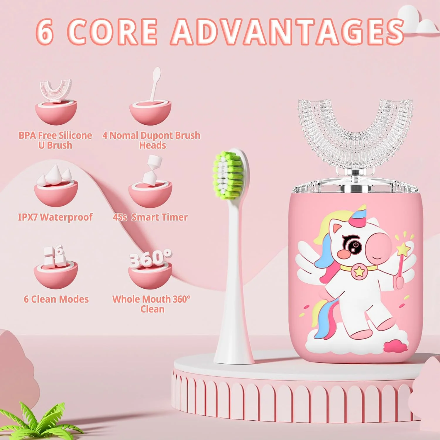 مسواک برقی کودکانه ELOTAME مدل Unicorn با طراحی U شکل، قابل شارژ، سونیک، به همراه 4 سری نرم و خمیر دندان کودکانه، ضد آب IPX7 - (مناسب برای سنین 2 تا 15 سال، صورتی)