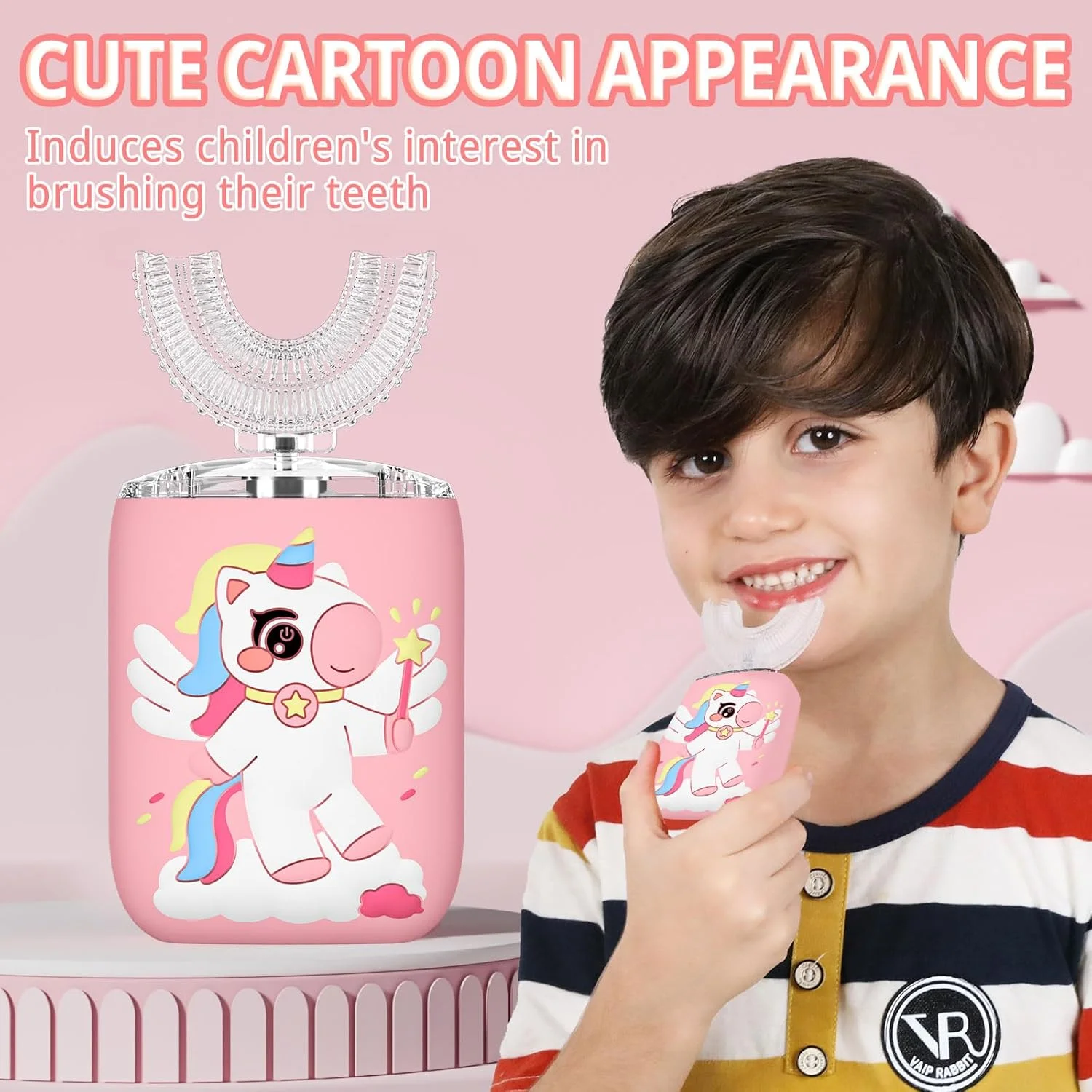 مسواک برقی کودکانه ELOTAME مدل Unicorn با طراحی U شکل، قابل شارژ، سونیک، به همراه 4 سری نرم و خمیر دندان کودکانه، ضد آب IPX7 - (مناسب برای سنین 2 تا 15 سال، صورتی)