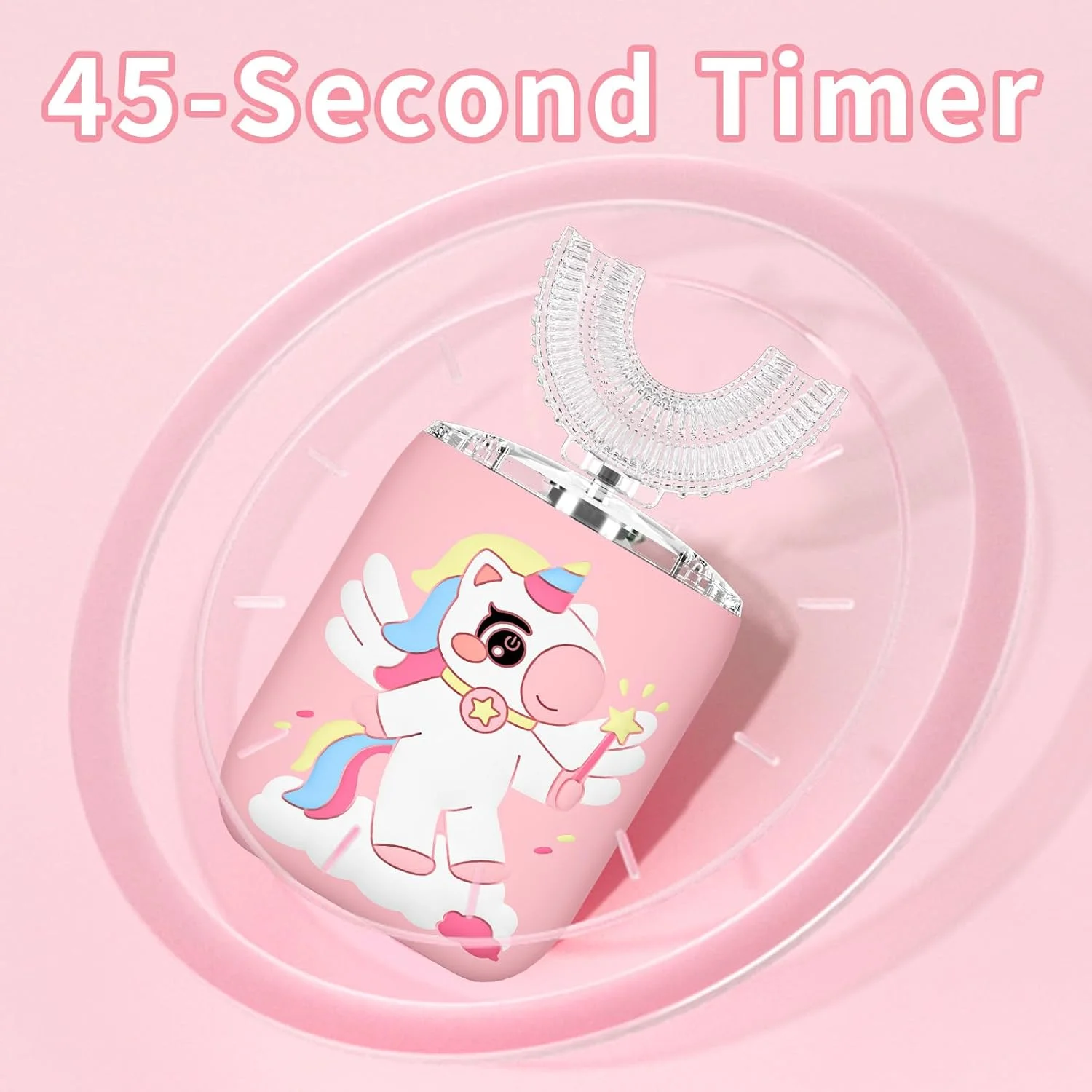 مسواک برقی کودکانه ELOTAME مدل Unicorn با طراحی U شکل، قابل شارژ، سونیک، به همراه 4 سری نرم و خمیر دندان کودکانه، ضد آب IPX7 - (مناسب برای سنین 2 تا 15 سال، صورتی)