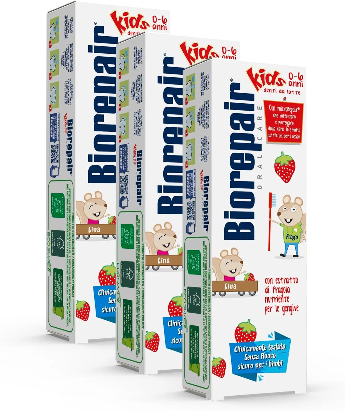 Biorepair ® - خمیر دندان کودک، 0-6 سال، خمیر دندان کودکان بدون فلوراید، طعم میوه، ضد پوسیدگی، لثه های سالم، 3 عدد x 50 میلی لیتر