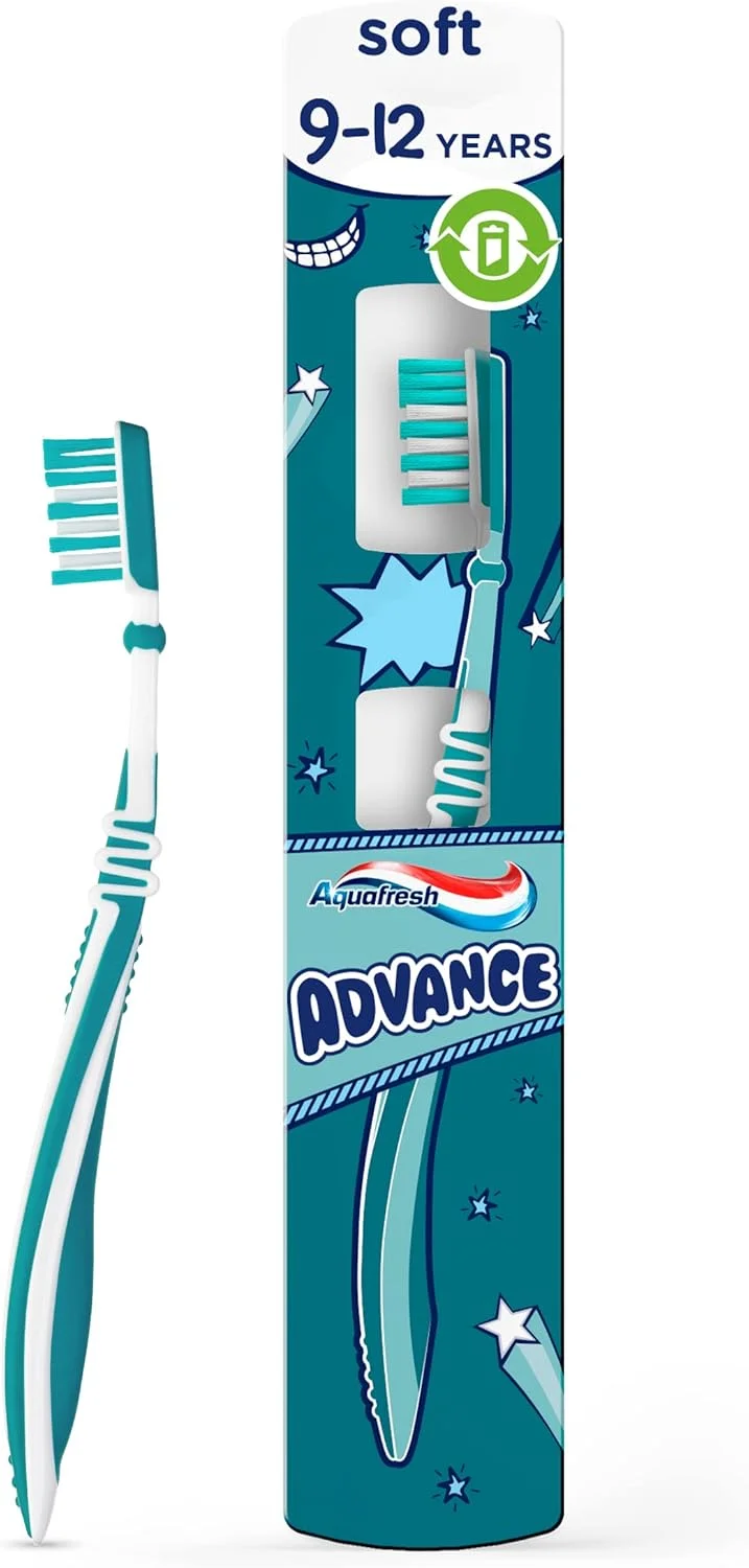 مسواک کودکانه Aquafresh Advance، توسعه یافته توسط متخصصان دندانپزشکی برای کودکان 9 تا 12 ساله، بسته بندی بدون پلاستیک، مسواک نرم