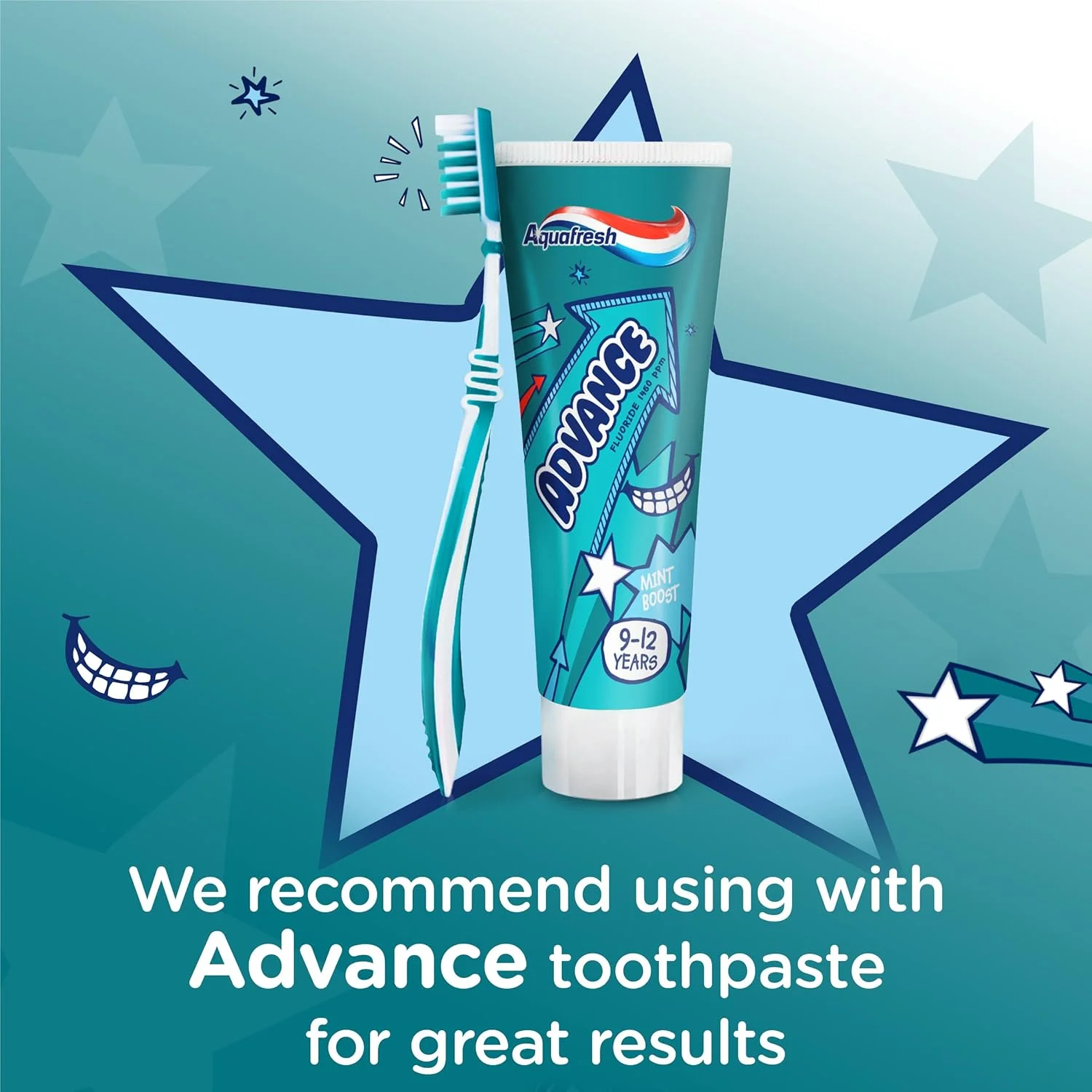 مسواک کودکانه Aquafresh Advance، توسعه یافته توسط متخصصان دندانپزشکی برای کودکان 9 تا 12 ساله، بسته بندی بدون پلاستیک، مسواک نرم