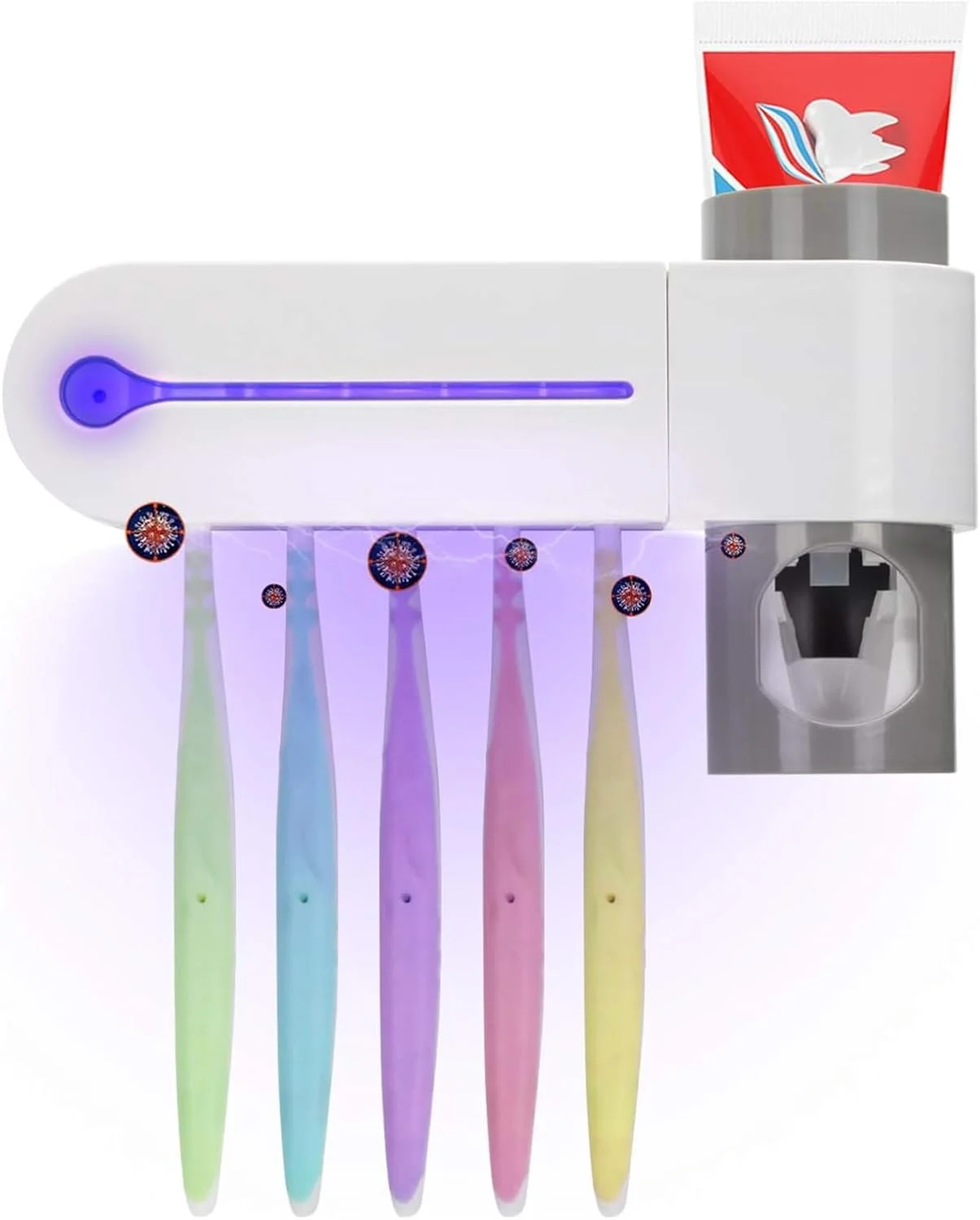جا مسواکی استریل کننده UV VAODO، نگهدارنده دیواری استریل کننده 5 مسواک برای حمام منزل کودکان، با پخش کننده خمیر دندان اتوماتیک، برای حمام منزل کودکان