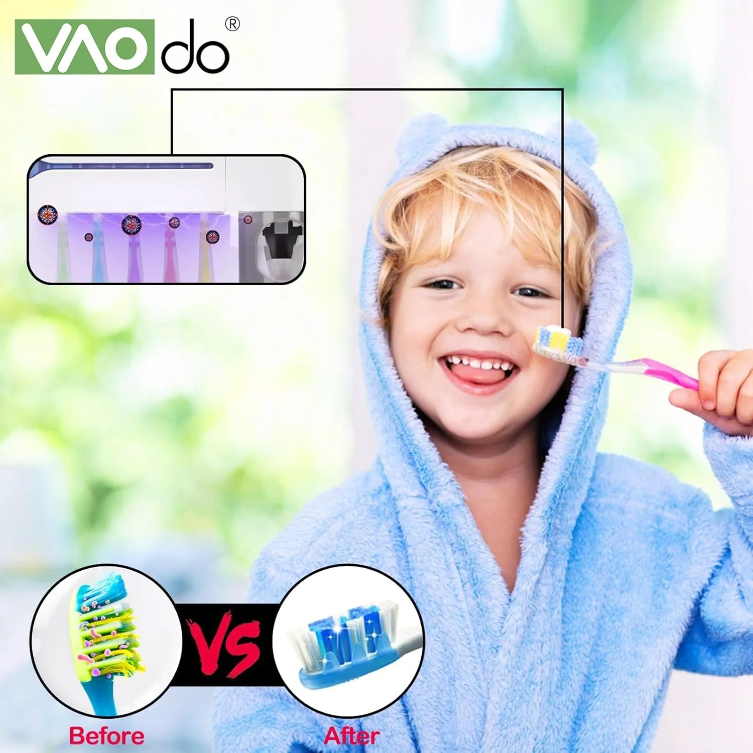 جا مسواکی استریل کننده UV VAODO، نگهدارنده دیواری استریل کننده 5 مسواک برای حمام منزل کودکان، با پخش کننده خمیر دندان اتوماتیک، برای حمام منزل کودکان