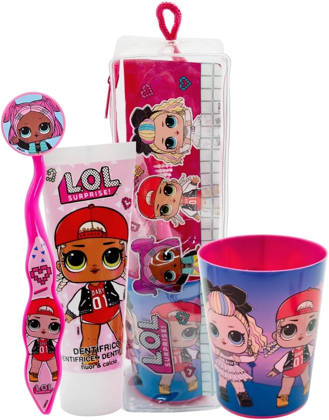 ست مسواک کودکانه LOL Surprise Dolls شامل مسواک با درپوش محافظ و موهای نرم، خمیر دندان با طعم توت فرنگی و لیوان چند منظوره برای کودکان 3 سال به بالا