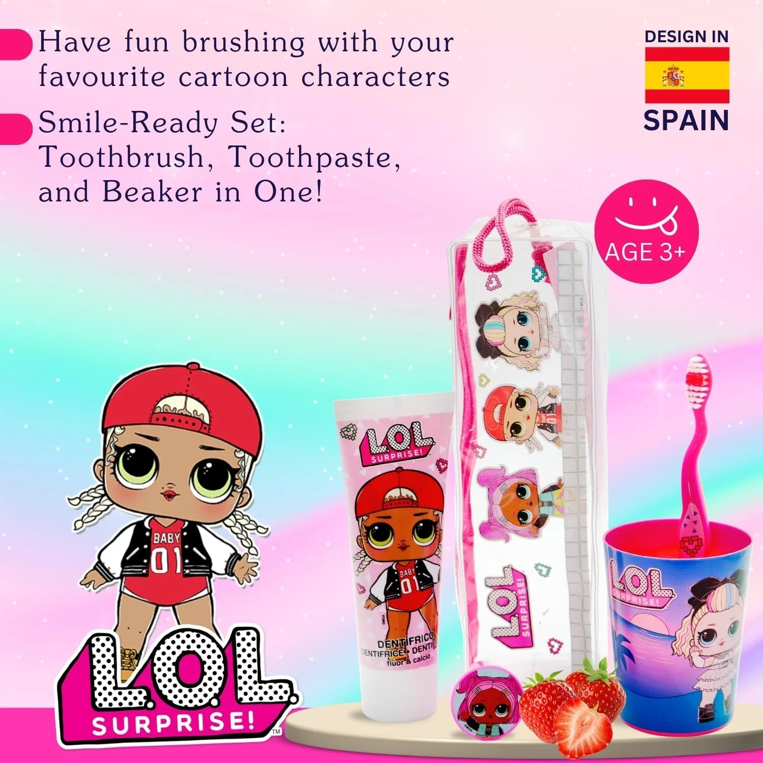 ست مسواک کودکانه LOL Surprise Dolls شامل مسواک با درپوش محافظ و موهای نرم، خمیر دندان با طعم توت فرنگی و لیوان چند منظوره برای کودکان 3 سال به بالا ست مسواک کودکانه LOL Surprise Dolls شامل مسواک با درپوش محافظ و موهای نرم، خمیر دندان با طعم توت فرنگی و لیوان چند منظوره برای کودکان 3 سال به بالا