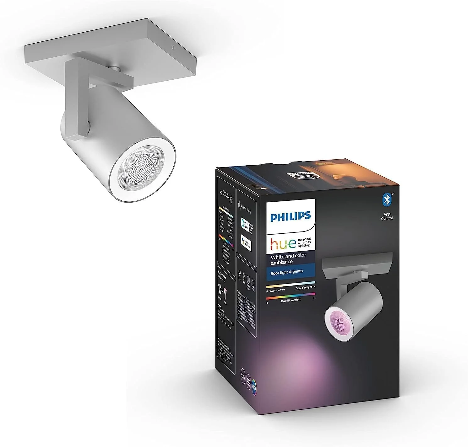 چراغ سقفی تکی هوشمند Philips Hue Argenta White and Colour Ambiance LED (GU10) با بلوتوث، سفید، سازگار با Alexa، Google Assistant و Apple HomeKit، آلومینیوم