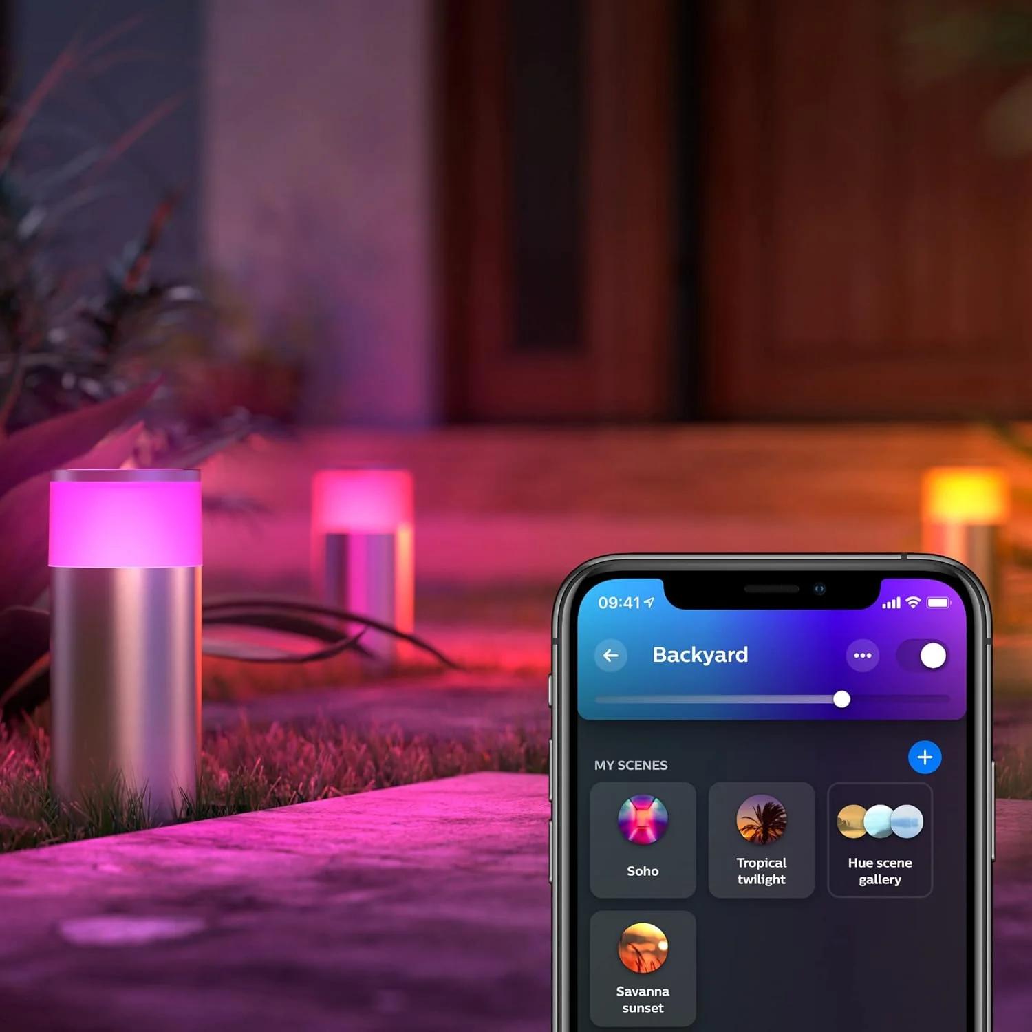پایه چراغ هوشمند فضای باز Philips Hue Calla با رنگ سفید و رنگی (خاکستری INOX) برای نورپردازی هوشمند فضای باز خانه، پاسیو، تراس و باغ