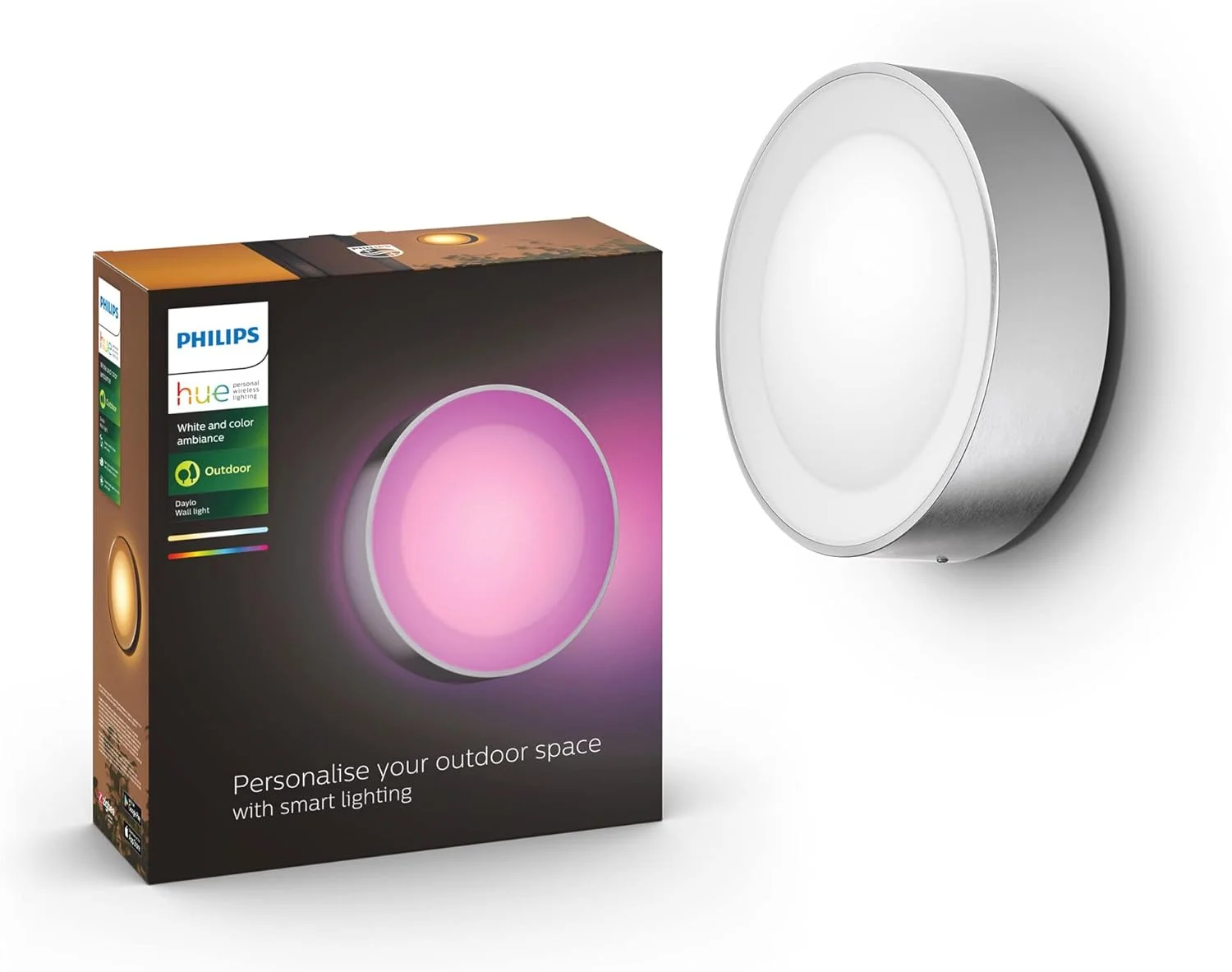 چراغ دیواری هوشمند LED فضای باز Philips Hue Daylo White & Colour Ambiance، برای باغ خانه، پاسیو. [INOX] سازگار با الکسا، دستیار گوگل و Apple Homekit
