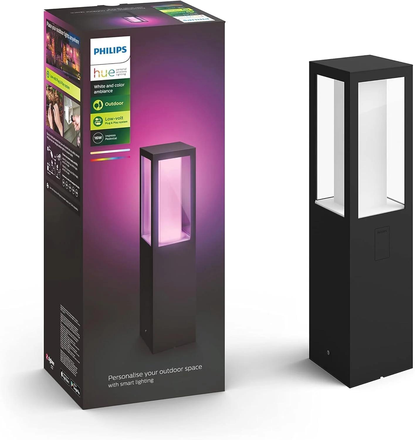 چراغ پایه دار LED هوشمند Philips Hue White and Color Ambiance مدل Impress، مناسب فضای باز، قابل تنظیم نور، تا 16 میلیون رنگ، قابل کنترل از طریق اپلیکیشن، سازگار با Amazon Alexa (Echo, Echo Dot)، نسخه توسعه