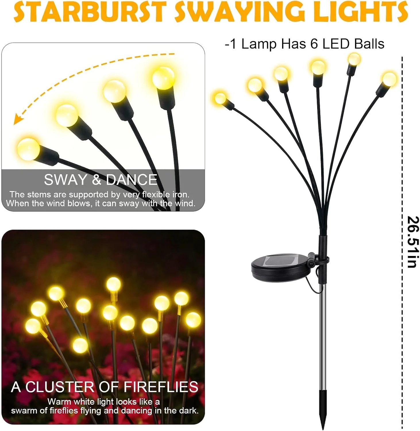 چراغ های خورشیدی باغی KASTWAVE، بسته 2 عددی چراغ های شب تاب خورشیدی 6LED، چراغ های خورشیدی ضد آب با 2 حالت نوردهی، چراغ های تزئینی خورشیدی باغ حیاط پاسیو مسیر، نور سفید گرم