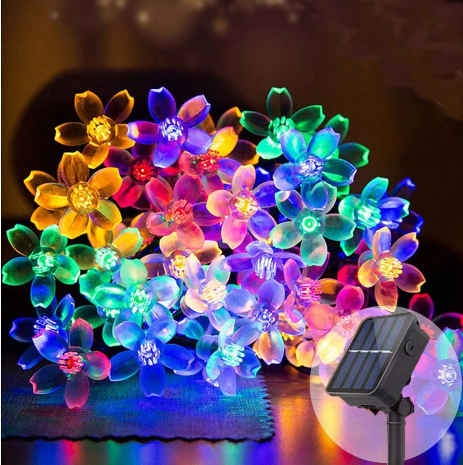 چراغ های رشته ای خورشیدی، چراغ های پری خورشیدی ضد آب برای فضای باز، چراغ های رشته ای گل برای پاسیو، حیاط، درخت، خانه، تزئینات مهمانی