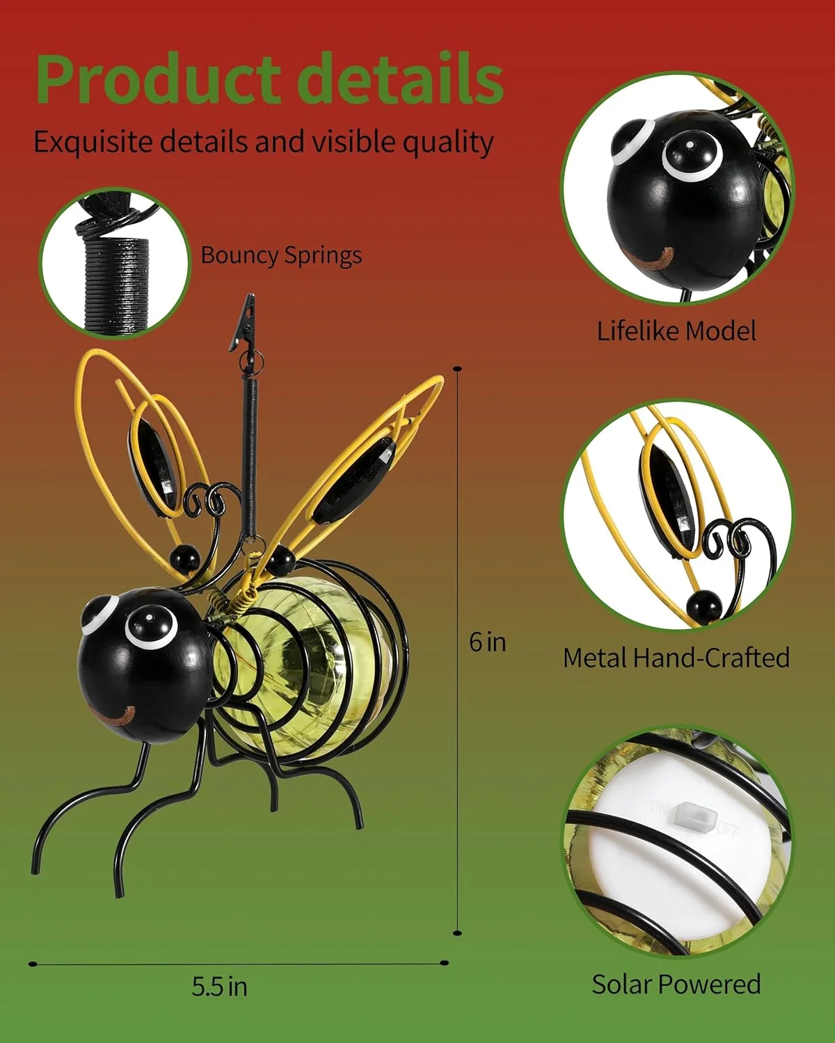 نمایشگر بیرونی نورانی - زنبور فلزی درخشان با مجسمه فنری، چراغ های تزئینی مقاوم در برابر آب و هوا با فنرهای پرشی برای باغ و پاسیو (زرد) نمایشگر بیرونی نورانی - زنبور فلزی درخشان با مجسمه فنری، چراغ های تزئینی مقاوم در برابر آب و هوا با فنرهای پرشی برای باغ و پاسیو (زرد)