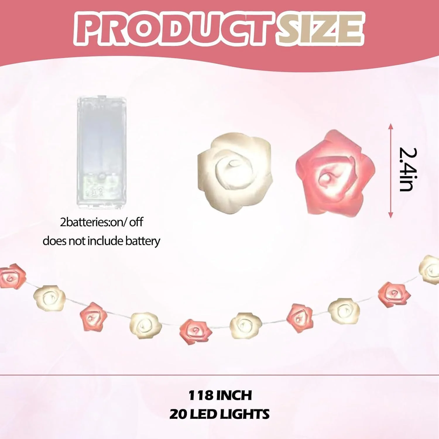 چراغهای رشتهای LED گل رز صورتی و سفید KASTWAVE، 3 متری 20 LED با باتری، ریسه گل رز مصنوعی ضد آب، دکوراسیون داخلی و خارجی برای باغ، عروسی، مهمانی، رمضان، عید چراغهای رشتهای LED گل رز صورتی و سفید KASTWAVE، 3 متری 20 LED با باتری، ریسه گل رز مصنوعی ضد آب، دکوراسیون داخلی و خارجی برای باغ، عروسی، مهمانی، رمضان، عید