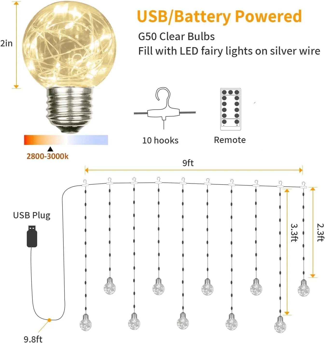 چراغ پرده ای 200 LED طرح گوی آرزو با ریموت کنترل، تغذیه از طریق USB و باتری، چراغ های رشته ای پری نورانی برای عروسی، مهمانی، اتاق خواب، کریسمس، دکوراسیون داخلی و خارجی (سفید گرم) چراغ پرده ای 200 LED طرح گوی آرزو با ریموت کنترل، تغذیه از طریق USB و باتری، چراغ های رشته ای پری نورانی برای عروسی، مهمانی، اتاق خواب، کریسمس، دکوراسیون داخلی و خارجی (سفید گرم)