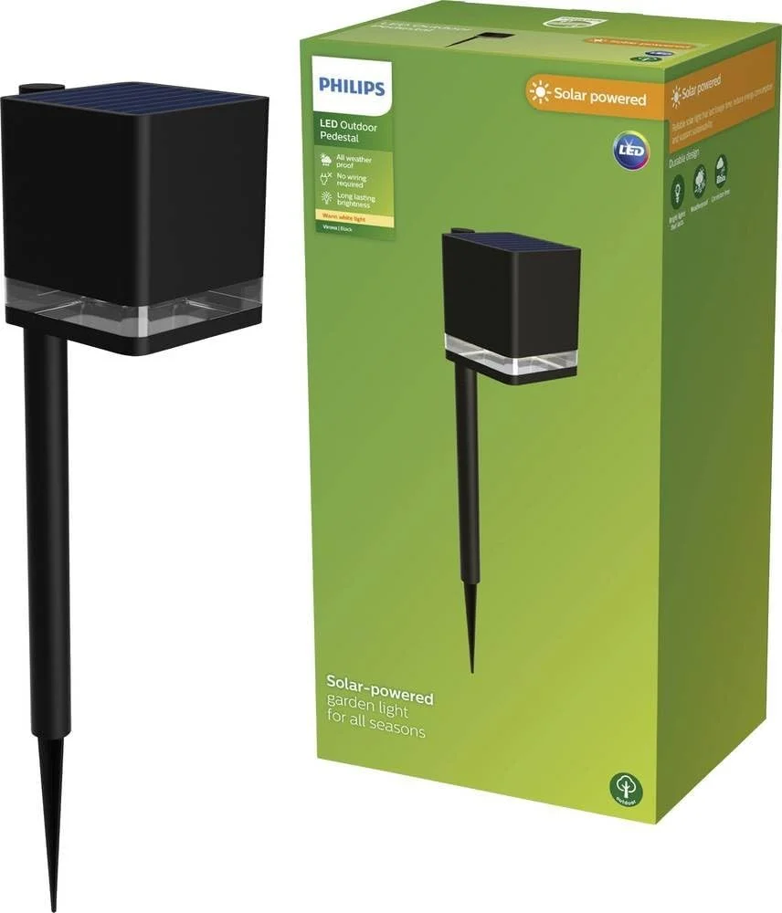 چراغ پایه خورشیدی فضای باز PHILIPS Virona، نور سفید گرم 2700K، 200 لومن، مشکی چراغ پایه خورشیدی فضای باز PHILIPS Virona، نور سفید گرم 2700K، 200 لومن، مشکی