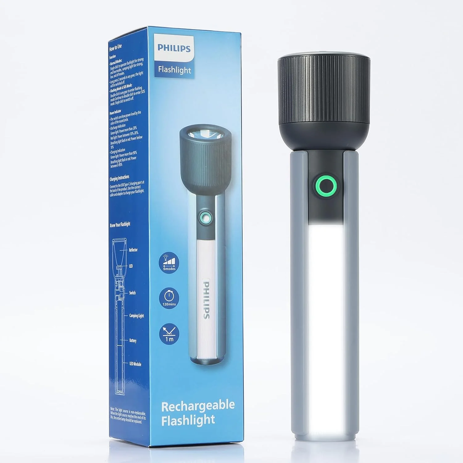 چراغ قوه قابل حمل فیلیپس با چراغ کمپینگ، چراغ قوه LED قابل شارژ 400 لومن، 6 حالت روشنایی، پوشش 150 متری، چراغ قوه دستی ضد افتادن برای داخل خانه، فضای باز، کمپینگ، پیاده روی، چراغ اضطراری