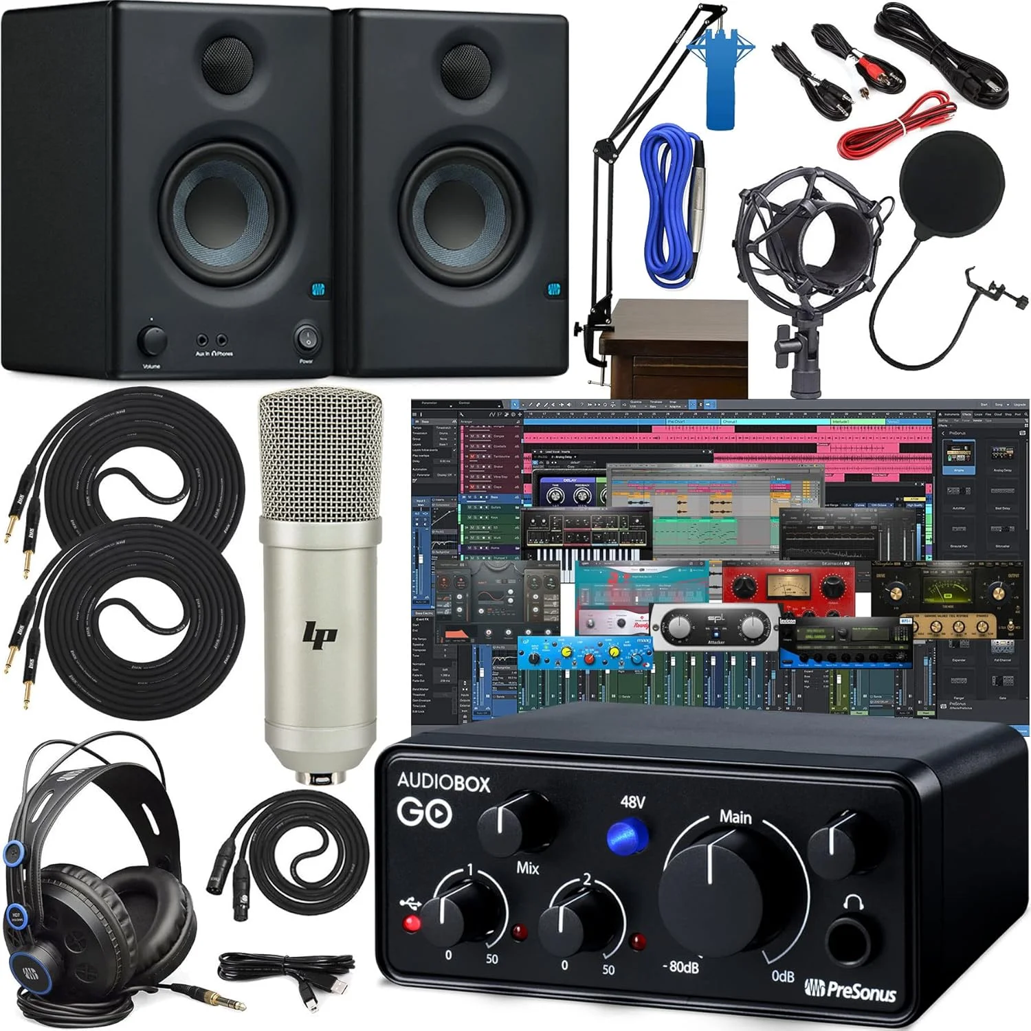 کارت صدای موبایل USB Presonus AudioBox GO 2x2 به همراه بسته نرم افزاری خلاقانه، باندل استودیو، یک جفت مانیتور استودیویی Eris E3.5 و بازوی بوم تعلیق قابل تنظیم + هدفون HD7