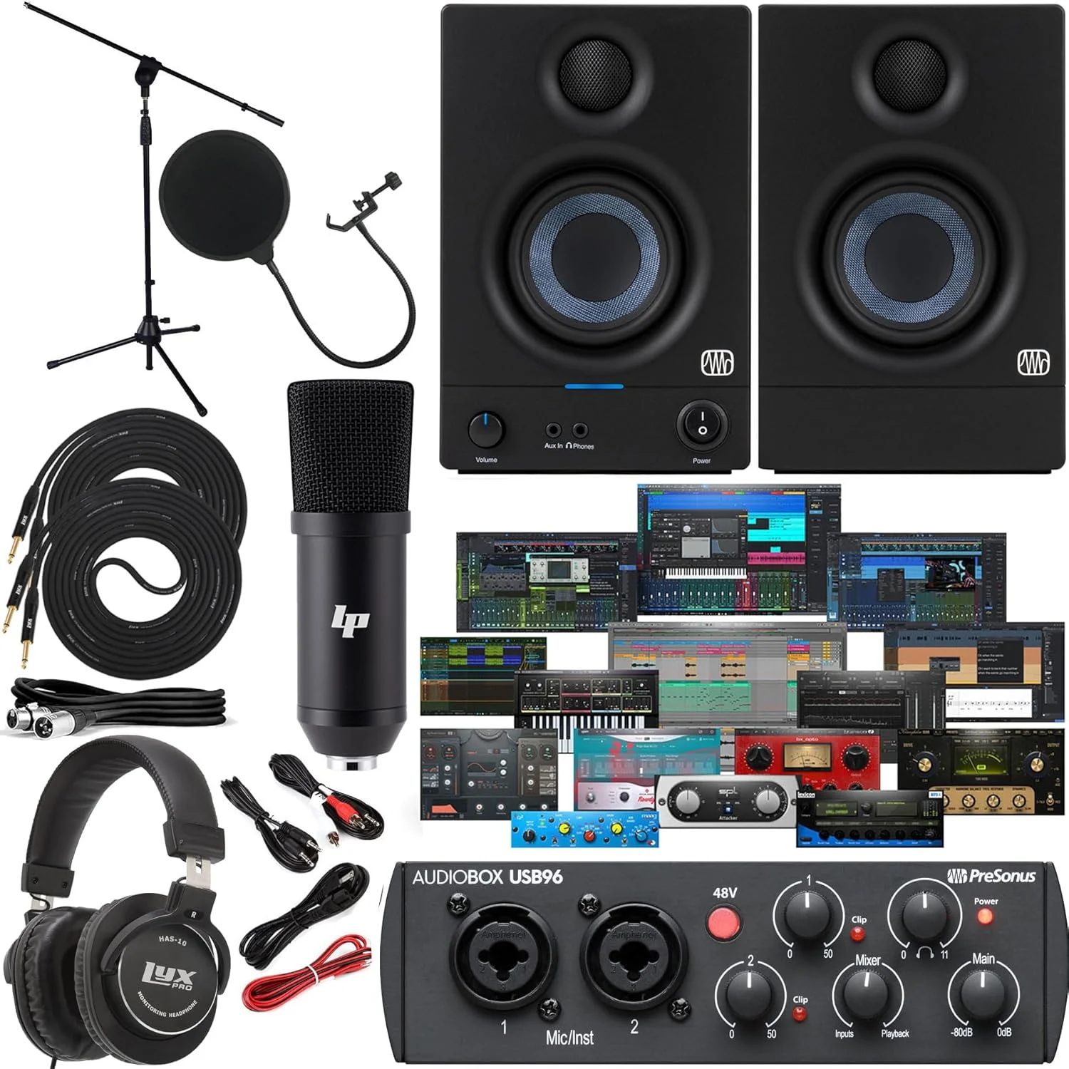 بسته استودیویی رابط صوتی PreSonus AudioBox 96 با مانیتورهای Eris 3.5، نرم افزار Studio One Artist، میکروفون XLR، پاپ فیلتر، هدفون و کابل