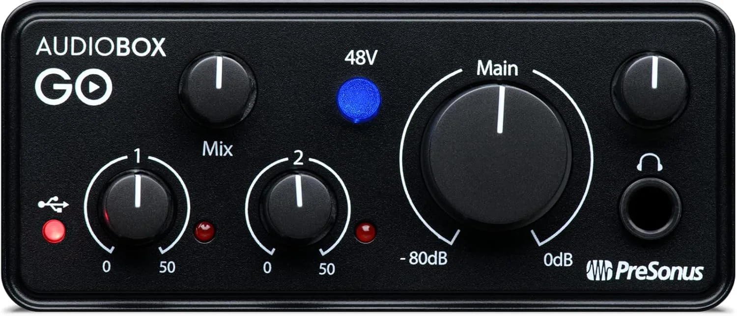 کارت صدای موبایل USB Presonus AudioBox GO 2x2 به همراه بسته نرم افزاری خلاقانه، باندل استودیو، یک جفت مانیتور استودیویی Eris E3.5 و بازوی بوم تعلیق قابل تنظیم + هدفون HD7