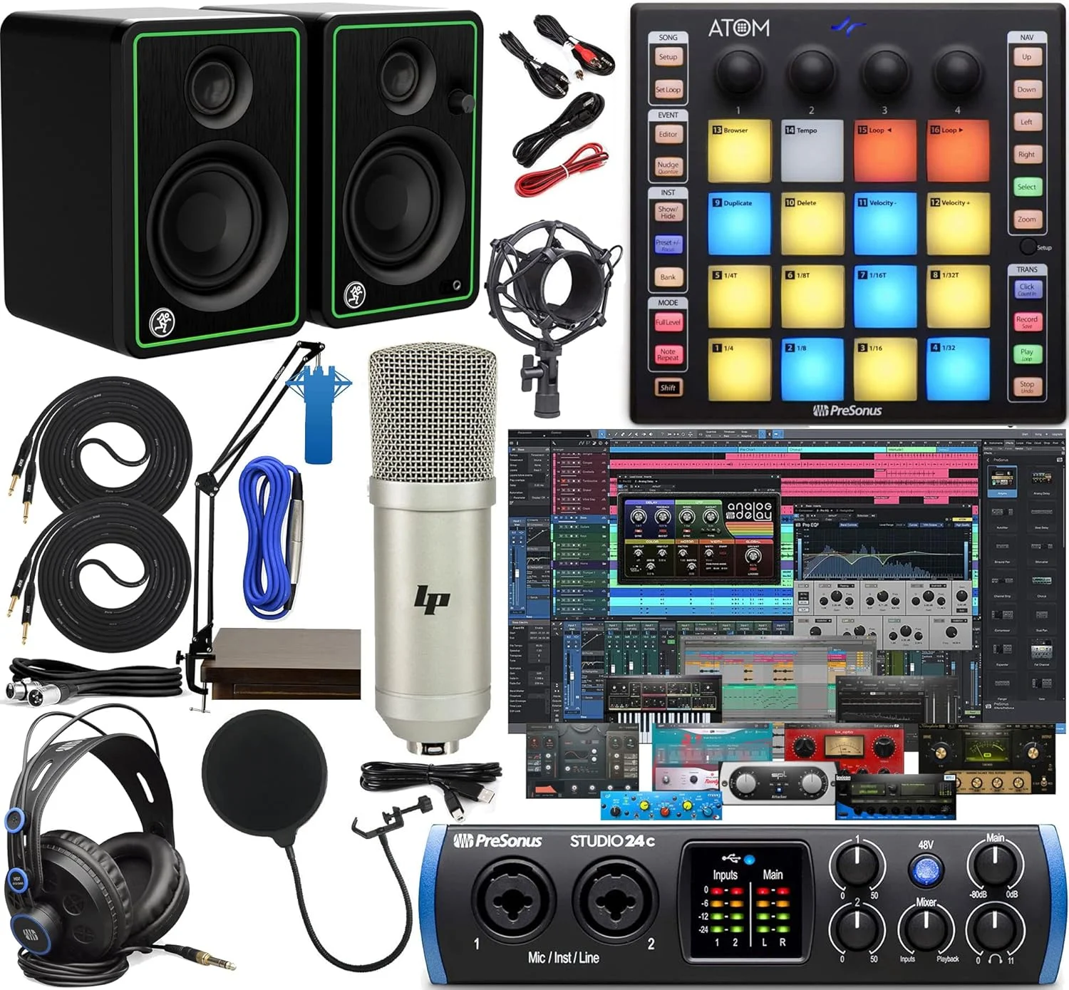 پکیج استودیویی کامل کارت صدای PreSonus Studio 24c 2x2 Audio/MIDI به همراه نرم افزار، پد کنترلر ATOM MIDI، مانیتورهای CR3-X و بازوی نگهدارنده میکروفون قابل تنظیم + هدفون HD7