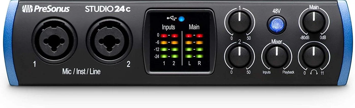 کارت صدا و MIDI اینترفیس USB Type-C مدل PreSonus Studio 24c 2x2 به همراه یک جفت مانیتور استودیویی Eris 3.5، کابل ساز 1/4 اینچی TRS به TRS و بسته ضبط LyxPro