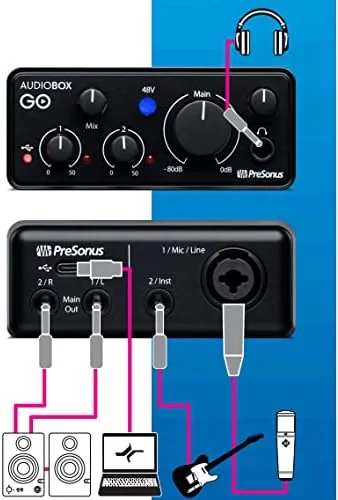 کارت صدای موبایل USB Presonus AudioBox GO 2x2 به همراه بسته نرم افزاری خلاقانه، باندل استودیو، یک جفت مانیتور استودیویی Eris E3.5 و بازوی بوم تعلیق قابل تنظیم + هدفون HD7