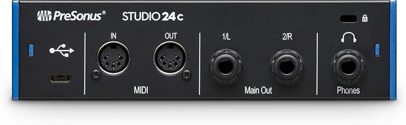 کارت صدا و MIDI اینترفیس USB Type-C مدل PreSonus Studio 24c 2x2 به همراه یک جفت مانیتور استودیویی Eris 3.5، کابل ساز 1/4 اینچی TRS به TRS و بسته ضبط LyxPro