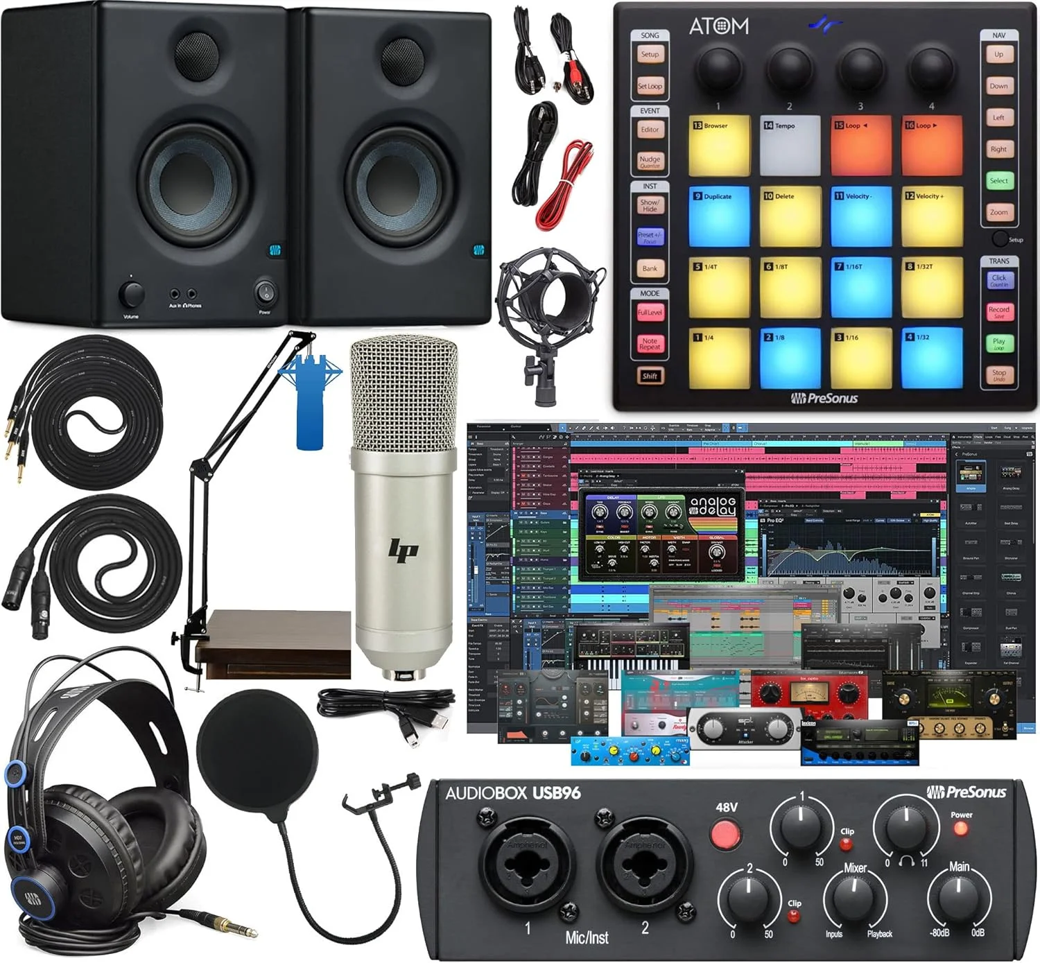 پکیج استودیویی کامل کارت صدای PreSonus AudioBox 96 شامل نرمافزار، کنترلر پد MIDI مدل ATOM، مانیتورهای Eris 3.5، بازوی بوم قابل تنظیم + هدفون HD7 پکیج استودیویی کامل کارت صدای PreSonus AudioBox 96 شامل نرمافزار، کنترلر پد MIDI مدل ATOM، مانیتورهای Eris 3.5، بازوی بوم قابل تنظیم + هدفون HD7