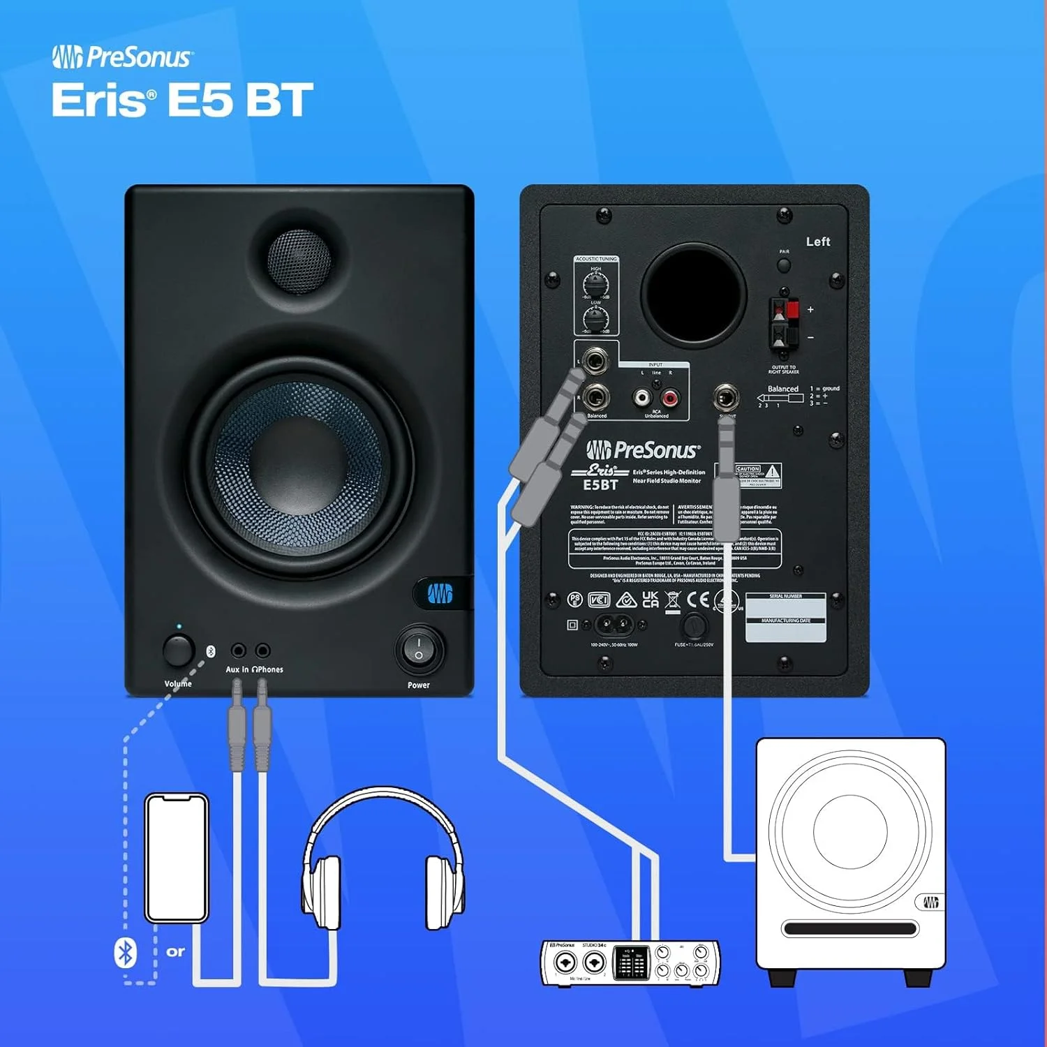 مانیتورهای استودیویی میدان نزدیک Presonus Eris E5 BT-5.25 اینچی با بلوتوث، توان 100 وات، خروجی ساب ووفر، به همراه ورودی های بالانس و آنبالانس، مشکی، E5 (جفت) (بازسازی شده) مانیتورهای استودیویی میدان نزدیک Presonus Eris E5 BT-5.25 اینچی با بلوتوث، توان 100 وات، خروجی ساب ووفر، به همراه ورودی های بالانس و آنبالانس، مشکی، E5 (جفت) (بازسازی شده)