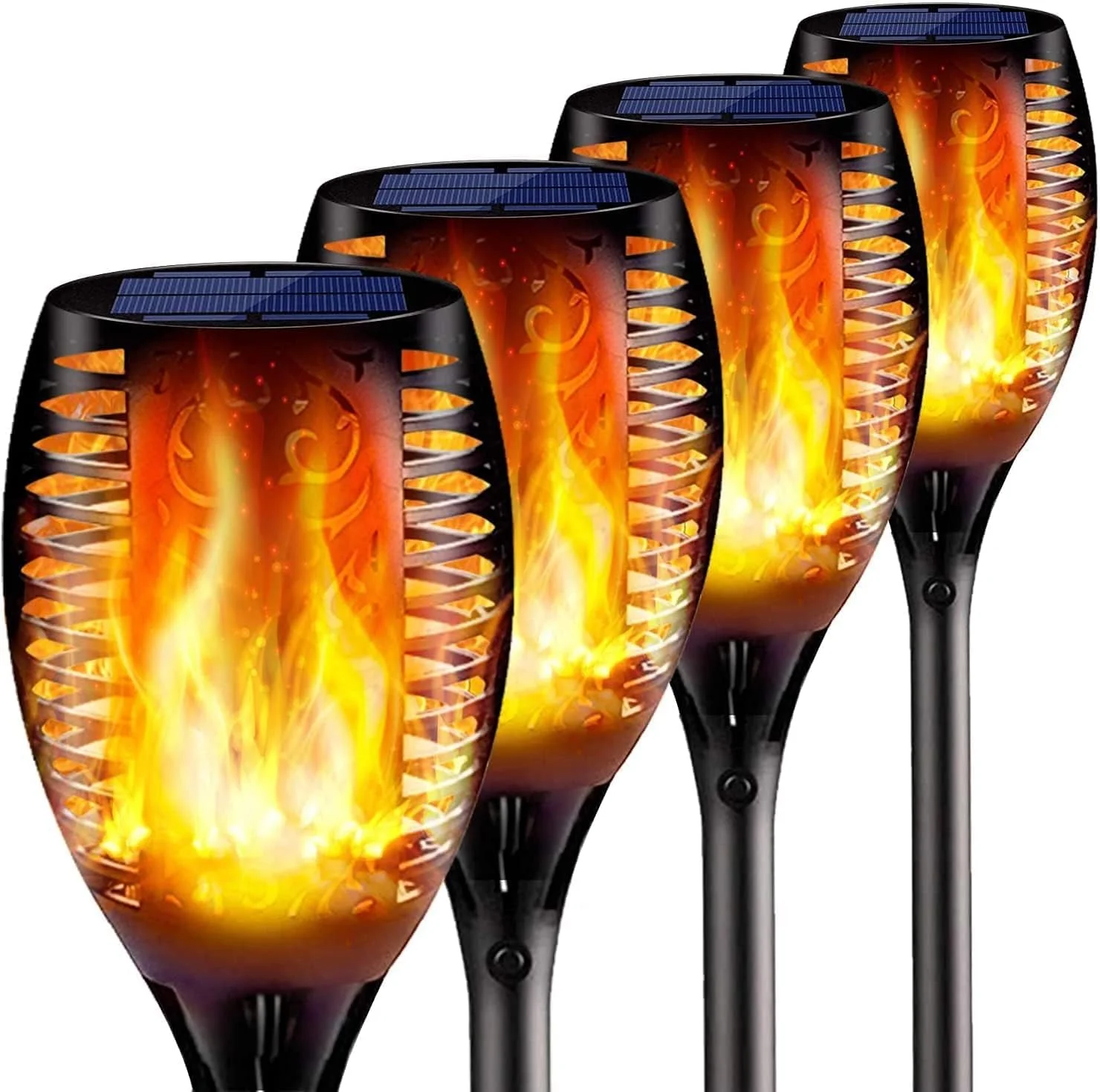 چراغ های شعله خورشیدی AMERTEER | چراغ های LED باغی ضد آب در فضای باز با جلوه شعله سوسوزن، انرژی خورشیدی، برای پاسیو و تزئینات منظره | روشنایی خودکار از غروب تا سحر (بسته 4 عددی)