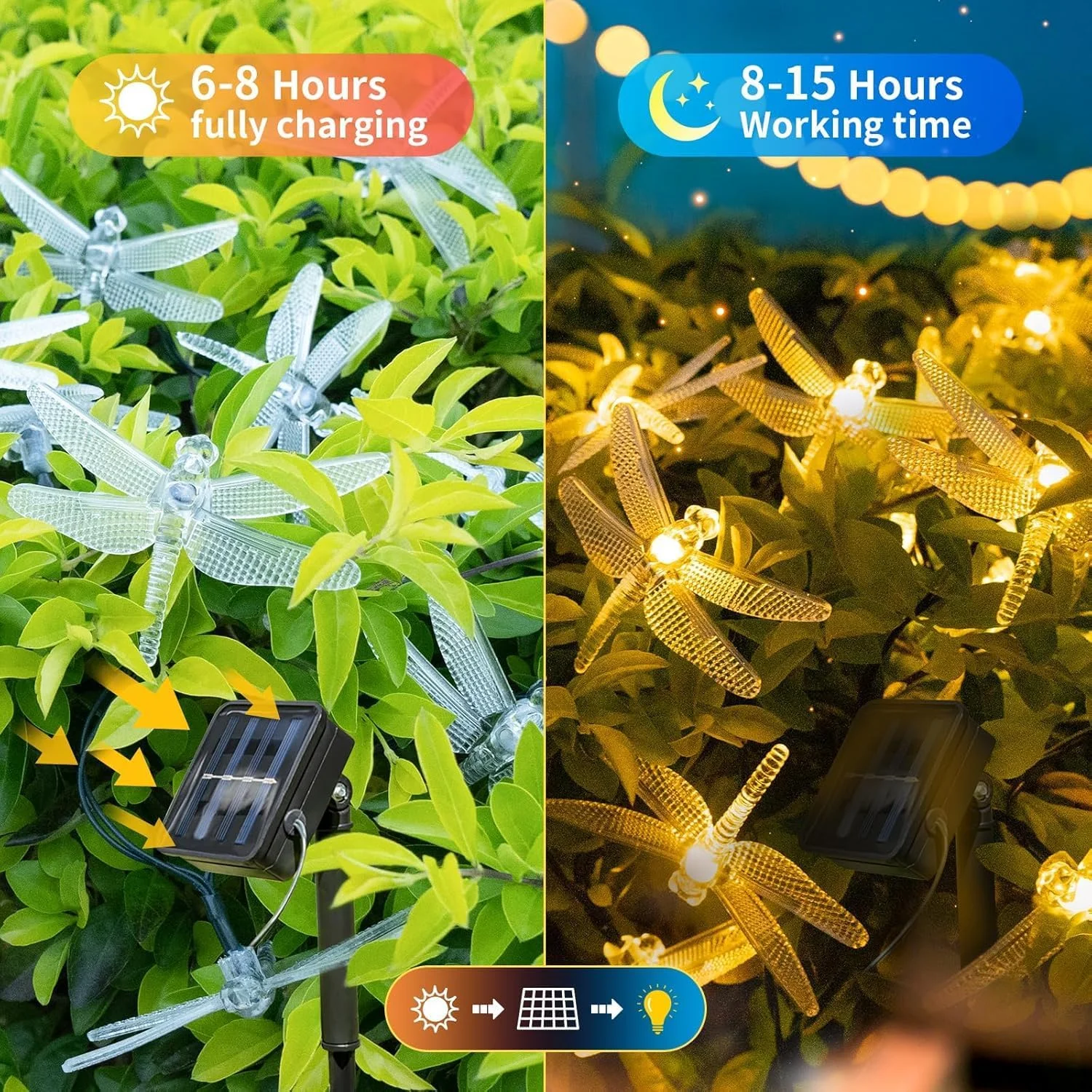 چراغ‌های رشته‌ای سنجاقک AMERTEER، 7 متر 50 LED، چراغ‌های پری آویز سنجاقک با باتری، چراغ‌های پرده‌ای برای هالووین کریسمس، چراغ‌های تزئینی داخلی و خارجی برای تعطیلات خانگی، سفید گرم