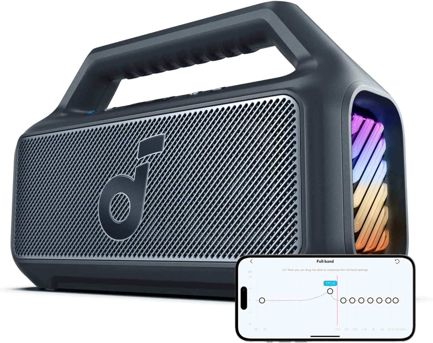اسپیکر بلوتوثی قابل حمل soundcore Boom 2 مناسب فضای باز، 80 وات، دارای ساب ووفر، BassUp 2.0، 24 ساعت پخش مداوم، ضد آب IPX7، شناور، نورپردازی RGB، USB-C، اکولایزر قابل تنظیم، بلوتوث 5.3، مناسب برای فضای باز، کمپینگ، ساحل و حیاط خلوت