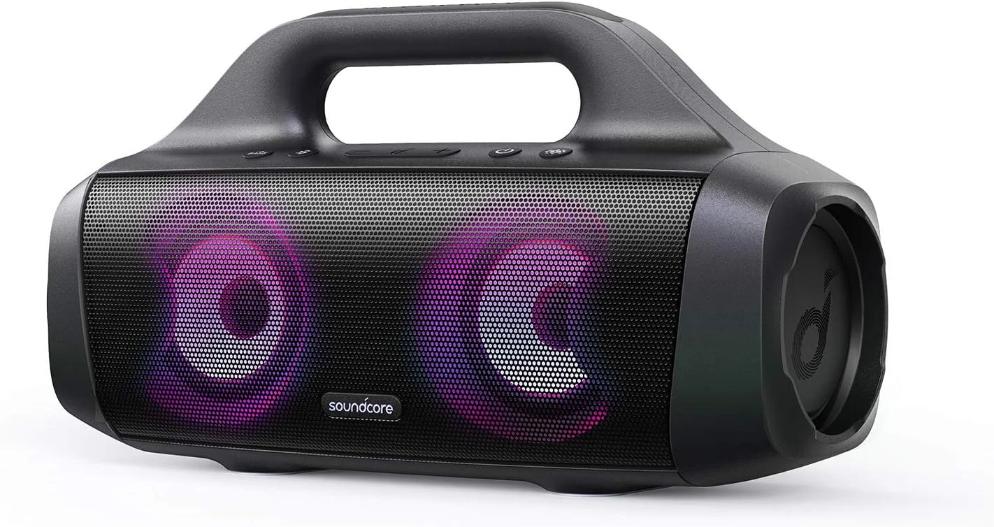 اسپیکر بلوتوثی قابل حمل Soundcore Anker Select Pro، 30 وات، مناسب فضای باز با فناوری BassUp، ضد آب IPX7، 16 ساعت پخش مداوم، دارای اپلیکیشن، چراغ های LED، دسته داخلی، مناسب فضای باز و کمپینگ