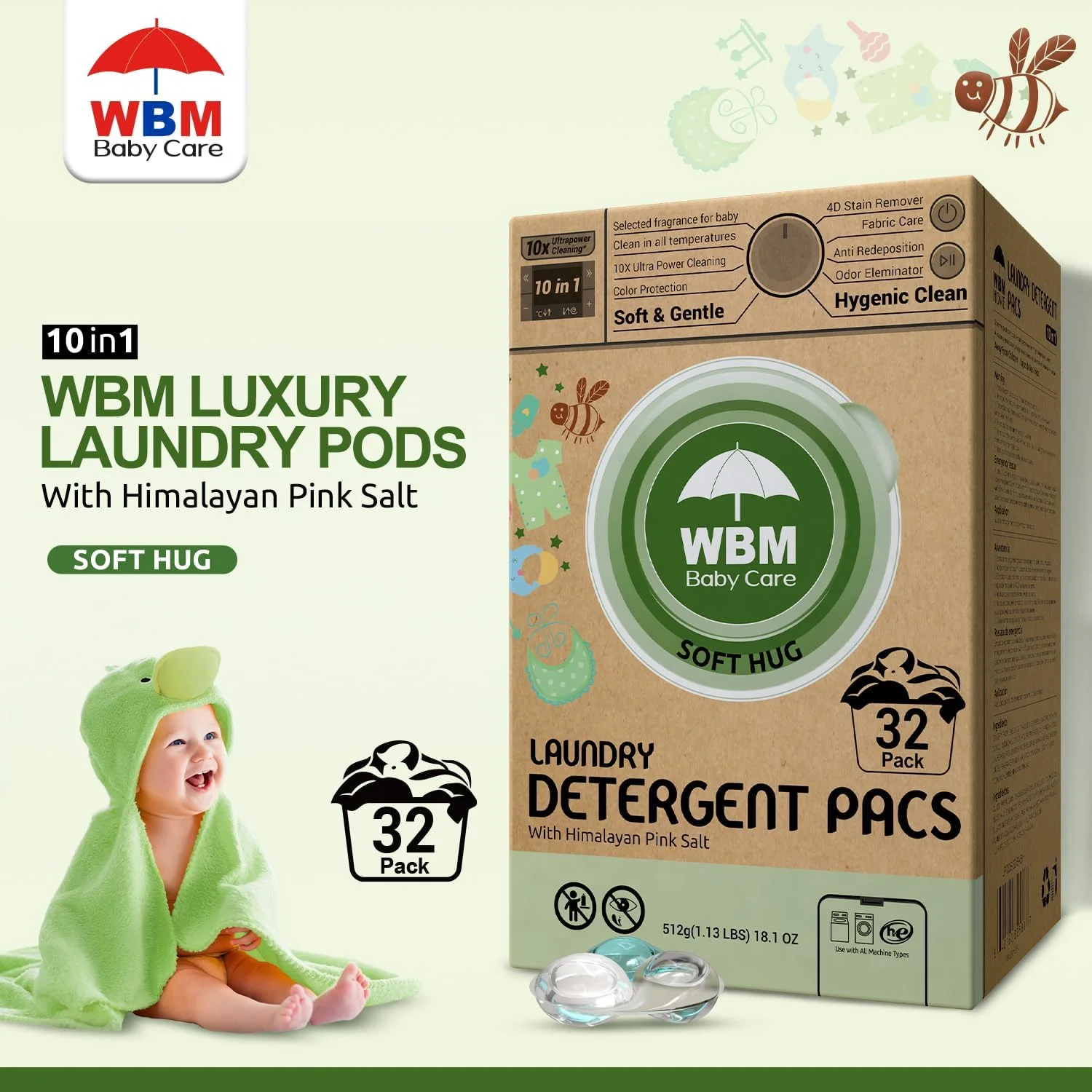 کپسول های شوینده لباس کودک WBM Baby Care، 32 عددی | کپسول های شوینده لباس کودک که به طور ویژه برای لباس های کودک طراحی شده اند | رایحه آغوش نرم با قدرت پاک کنندگی فوق العاده 10 برابر کپسول های شوینده لباس کودک WBM Baby Care، 32 عددی | کپسول های شوینده لباس کودک که به طور ویژه برای لباس های کودک طراحی شده اند | رایحه آغوش نرم با قدرت پاک کنندگی فوق العاده 10 برابر