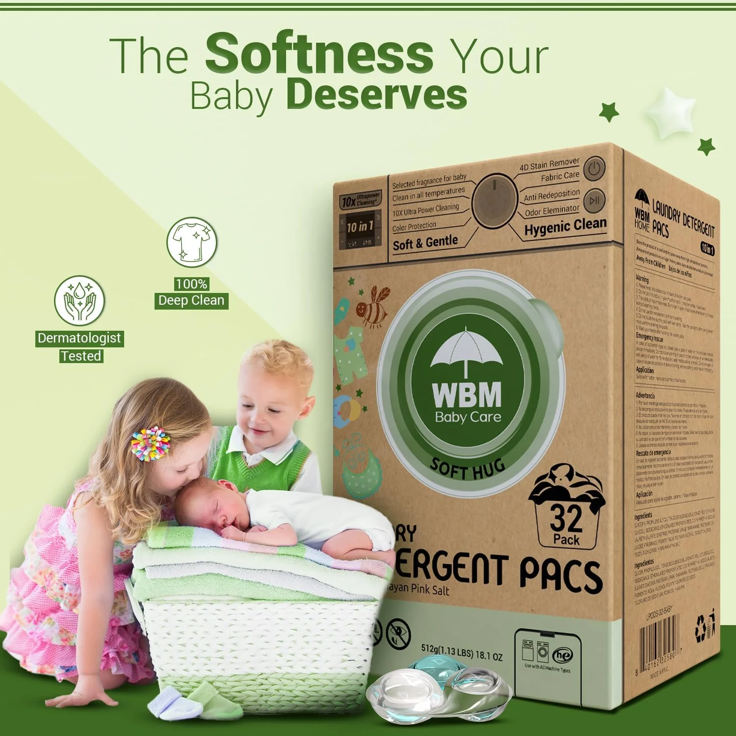 کپسول های شوینده لباس کودک WBM Baby Care، 32 عددی | کپسول های شوینده لباس کودک که به طور ویژه برای لباس های کودک طراحی شده اند | رایحه آغوش نرم با قدرت پاک کنندگی فوق العاده 10 برابر کپسول های شوینده لباس کودک WBM Baby Care، 32 عددی | کپسول های شوینده لباس کودک که به طور ویژه برای لباس های کودک طراحی شده اند | رایحه آغوش نرم با قدرت پاک کنندگی فوق العاده 10 برابر