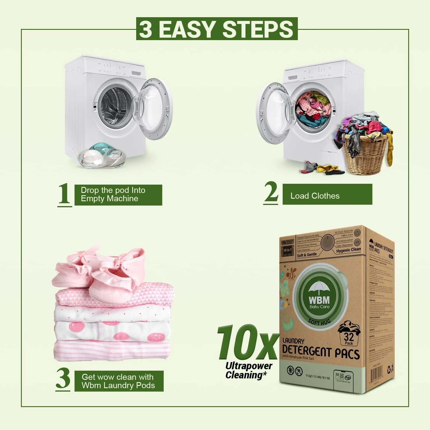 کپسول های شوینده لباس کودک WBM Baby Care، 32 عددی | کپسول های شوینده لباس کودک که به طور ویژه برای لباس های کودک طراحی شده اند | رایحه آغوش نرم با قدرت پاک کنندگی فوق العاده 10 برابر کپسول های شوینده لباس کودک WBM Baby Care، 32 عددی | کپسول های شوینده لباس کودک که به طور ویژه برای لباس های کودک طراحی شده اند | رایحه آغوش نرم با قدرت پاک کنندگی فوق العاده 10 برابر