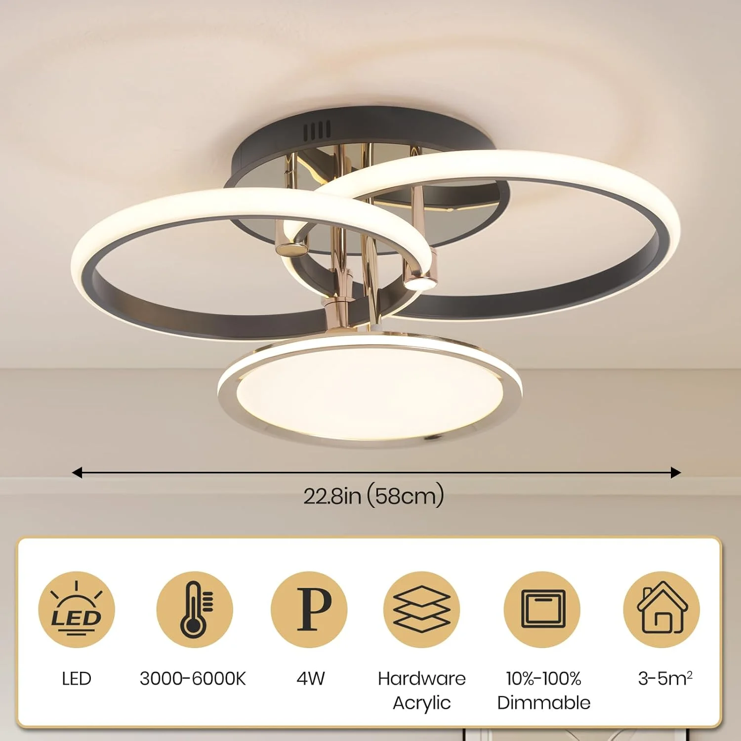 چراغ سقفی LED یاتای، نصب سطحی مدرن با ریموت، چراغ گرد مشکی با قابلیت تنظیم 3 رنگ نور، مناسب اتاق خواب، نشیمن و کتابخانه، روشنایی آکریلیک 58 سانتی‌متری برای 23-28 متر مربع، CRI>90، 160 وات