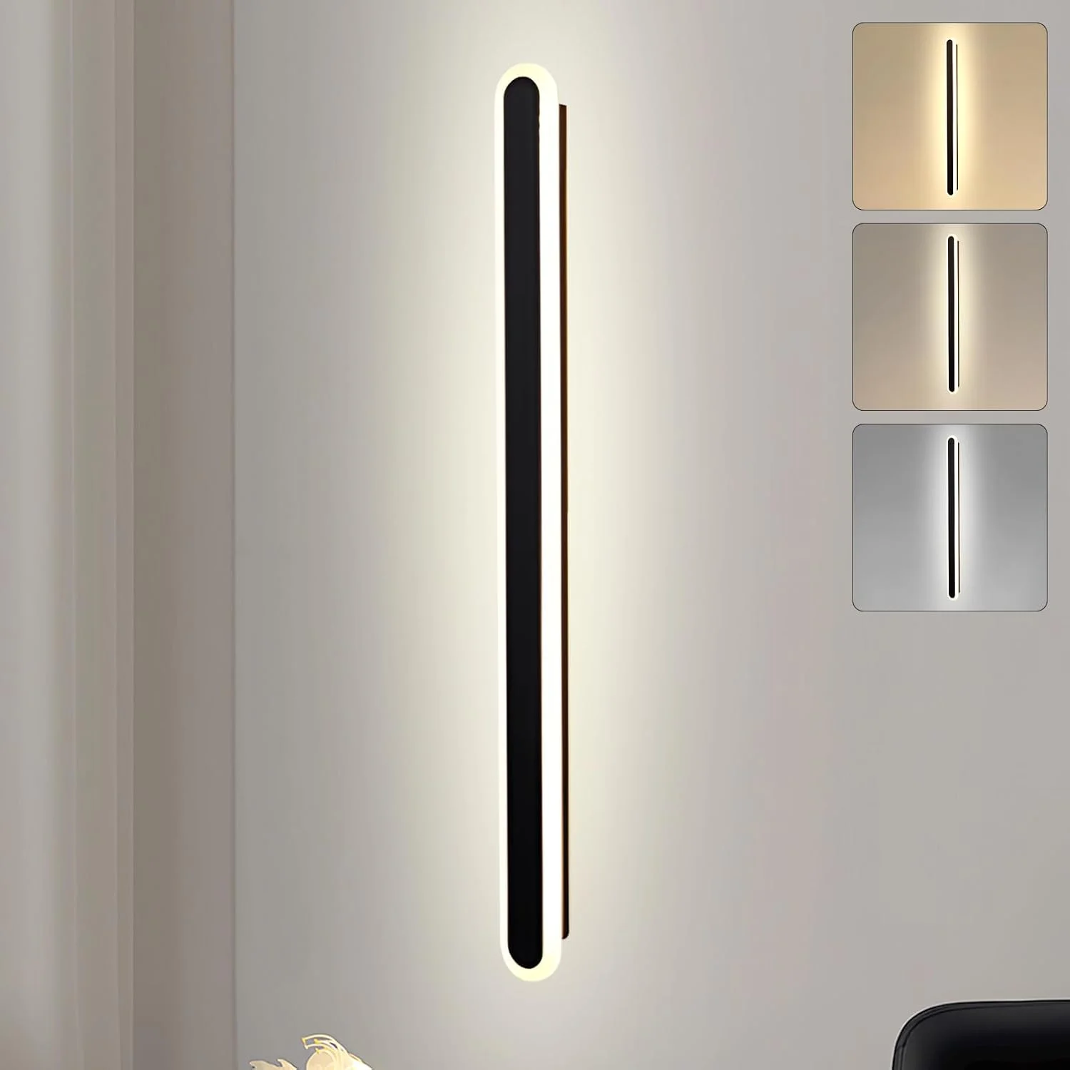 چراغ دیواری LED نواری بلند YT YATAI LIGHTING، چراغ دیواری داخلی مدرن و دیمر شونده، چراغ دیواری سه رنگ قابل تنظیم برای اتاق خواب، اتاق نشیمن، راه پله هتل (مشکی، 60 سانتی متر 23 وات) (60 سانتی متر)