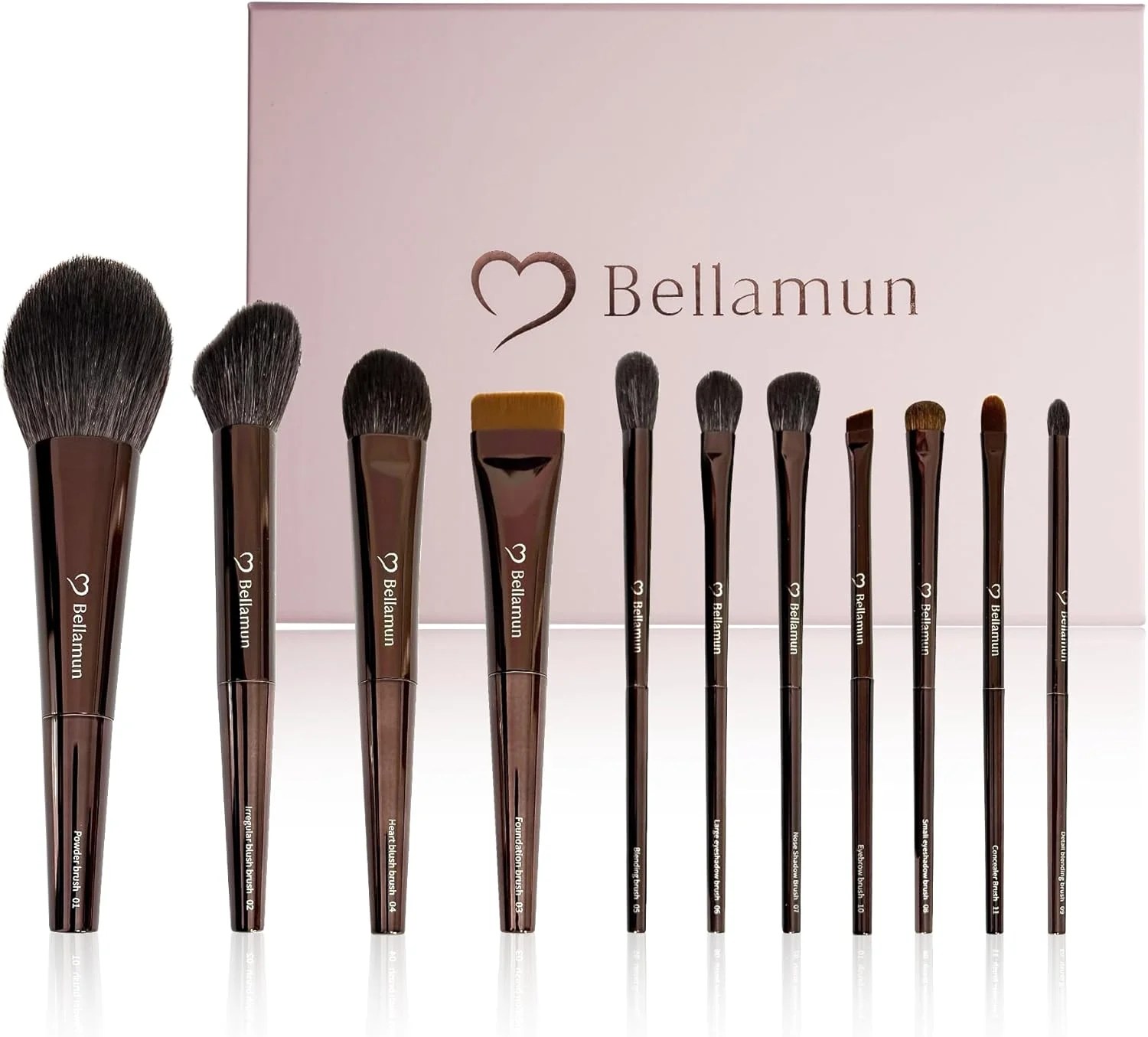 ست برس آرایشی 11 تکه حرفه ای Bellamun - برس های ممتاز صورت و چشم برای کرم پودر، کانتورینگ و ترکیب - برس های موی بز نرم برای صورت و چشم
