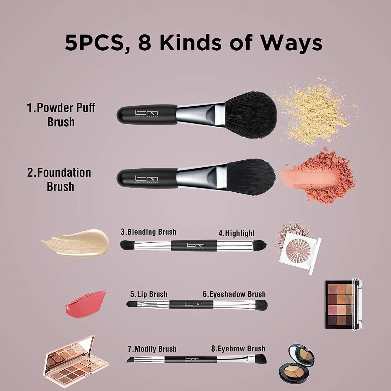 ست برس آرایشی مسافرتی براش مستر با کیف، ست 5 عددی برس های مینی قابل حمل دو طرفه برای کرم پودر، سایه چشم، لب، رژگونه، برس های آرایشی حرفه ای (مشکی)