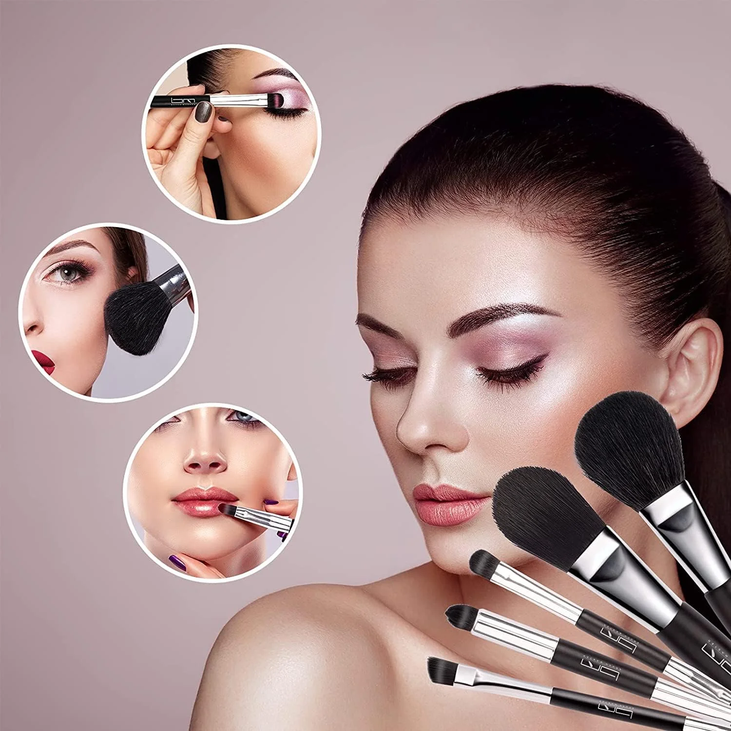 ست برس آرایشی مسافرتی براش مستر با کیف، ست 5 عددی برس های مینی قابل حمل دو طرفه برای کرم پودر، سایه چشم، لب، رژگونه، برس های آرایشی حرفه ای (مشکی)